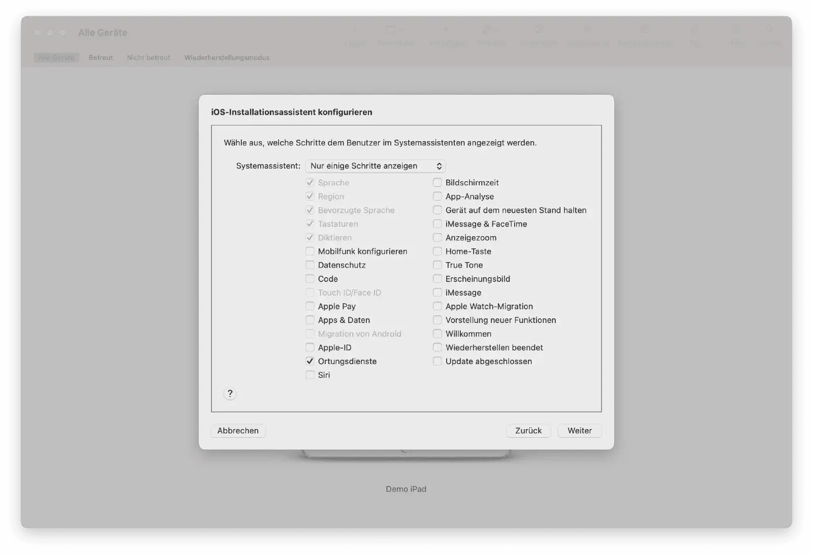 Setup-Schritte für DEP-Gerät in Apple Configurator 2 auswählen