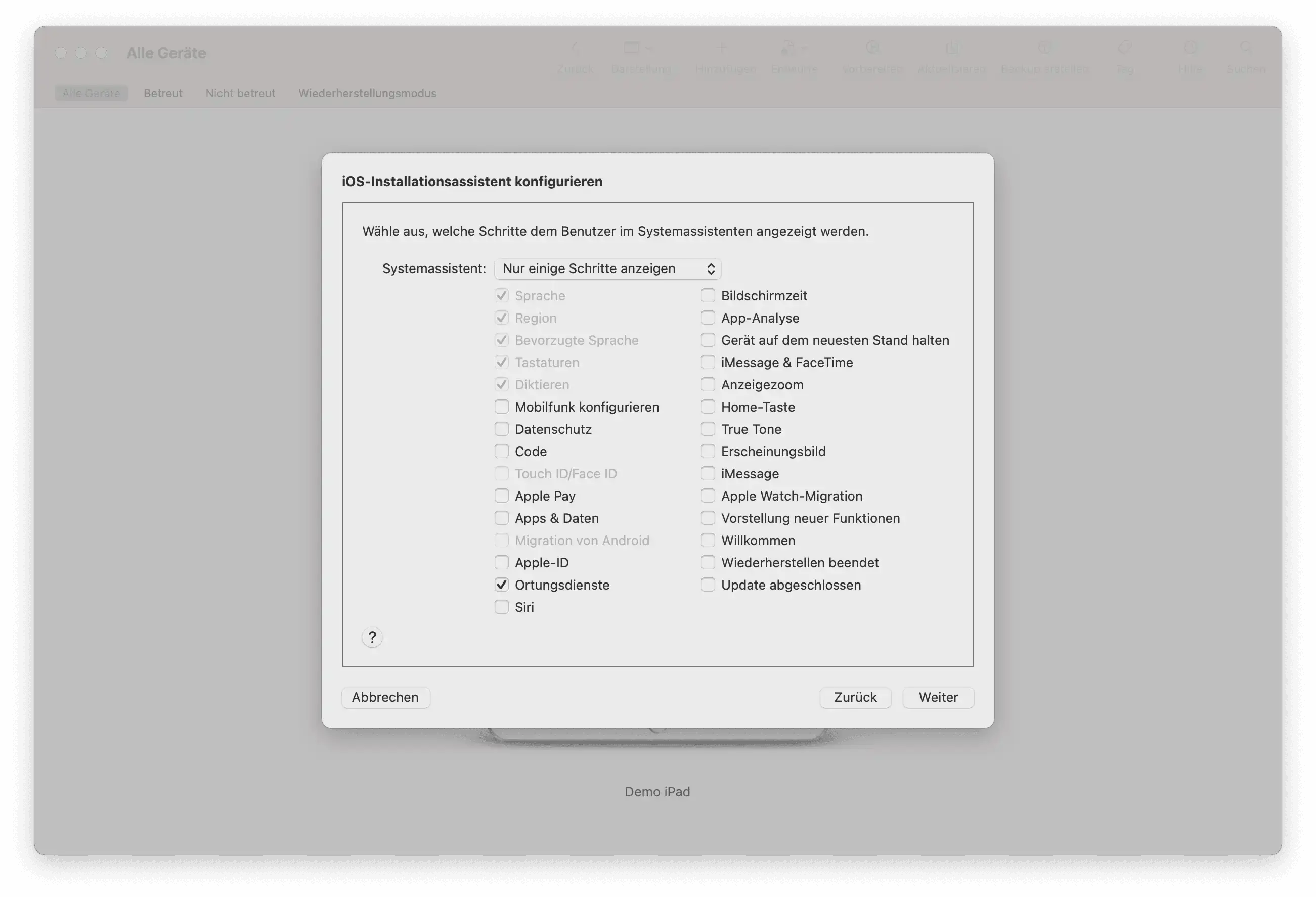 Setup-Schritte für DEP-Gerät in Apple Configurator 2 auswählen