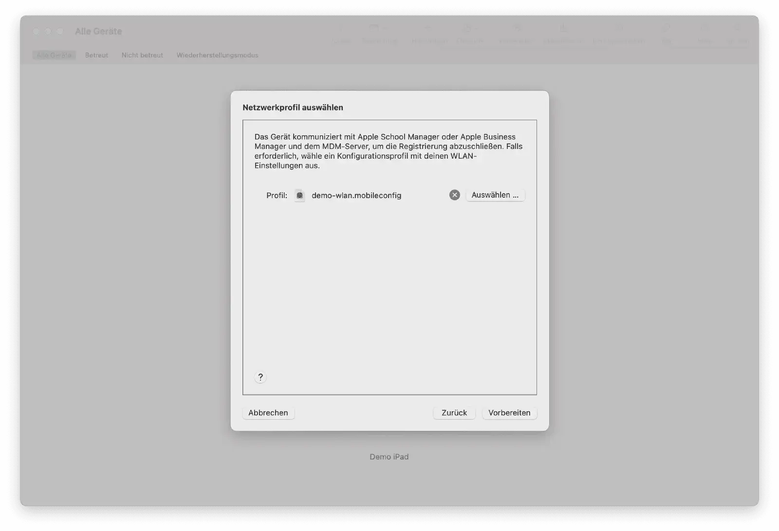WLAN-Konfigurationsprofil dem DEP-Gerät in Apple Configurator 2 zuweisen