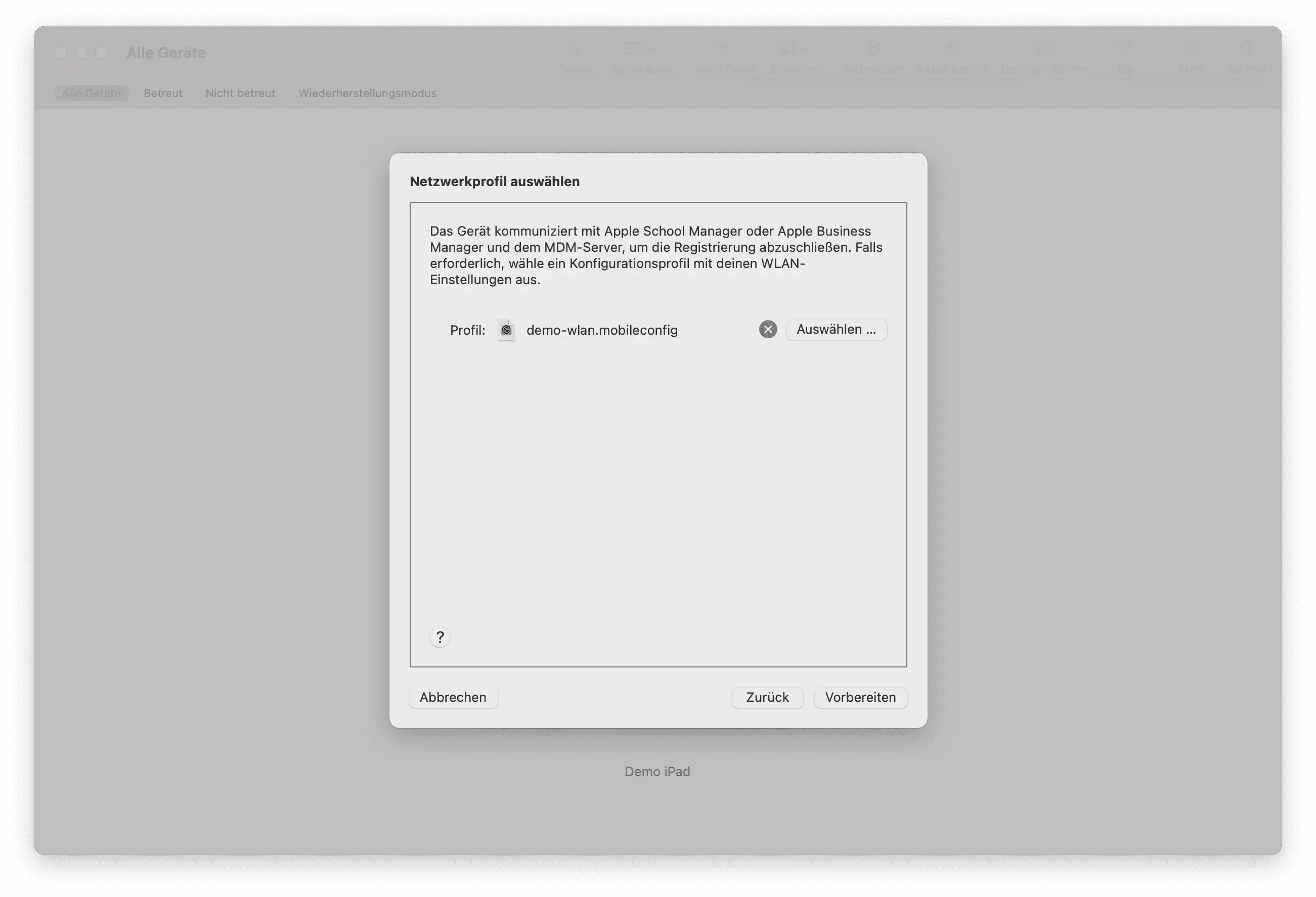 WLAN-Konfigurationsprofil dem DEP-Gerät in Apple Configurator 2 zuweisen