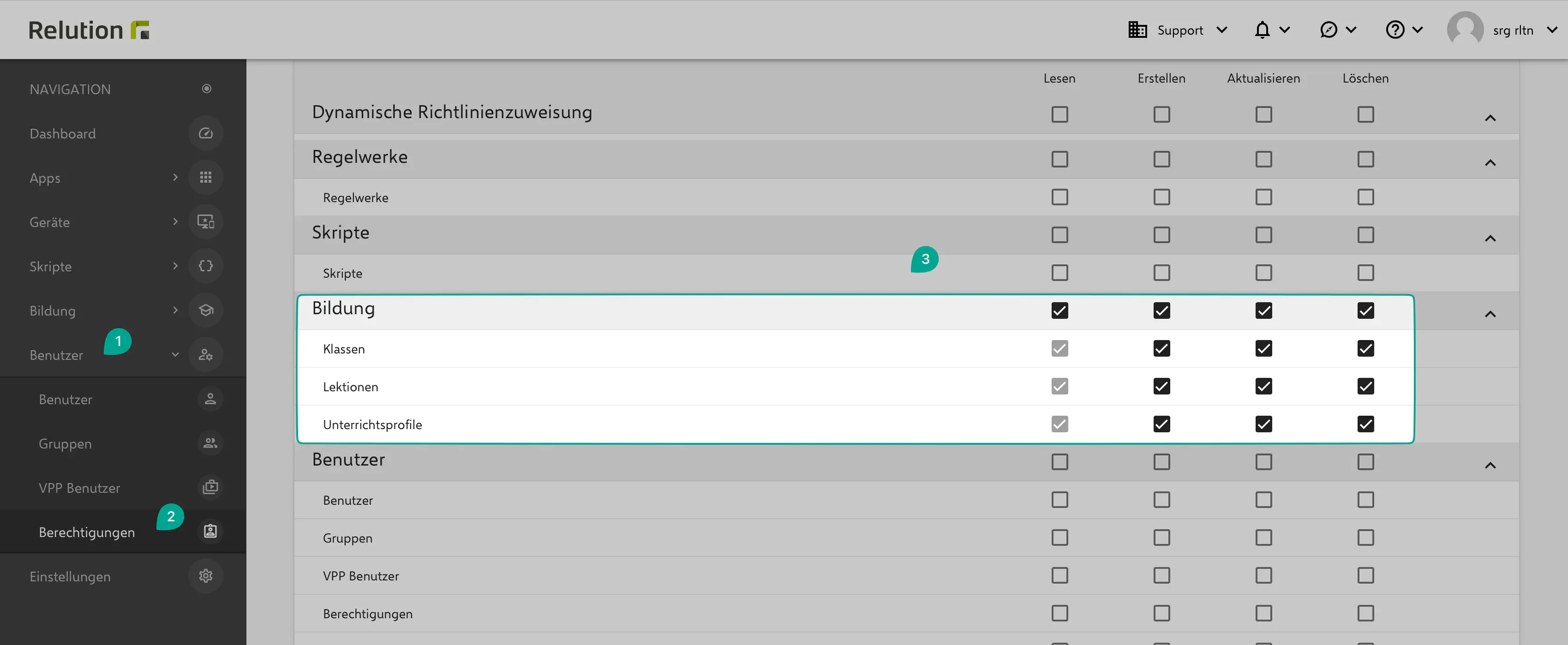 Admin view of all running lessons in the Relution Teacher App