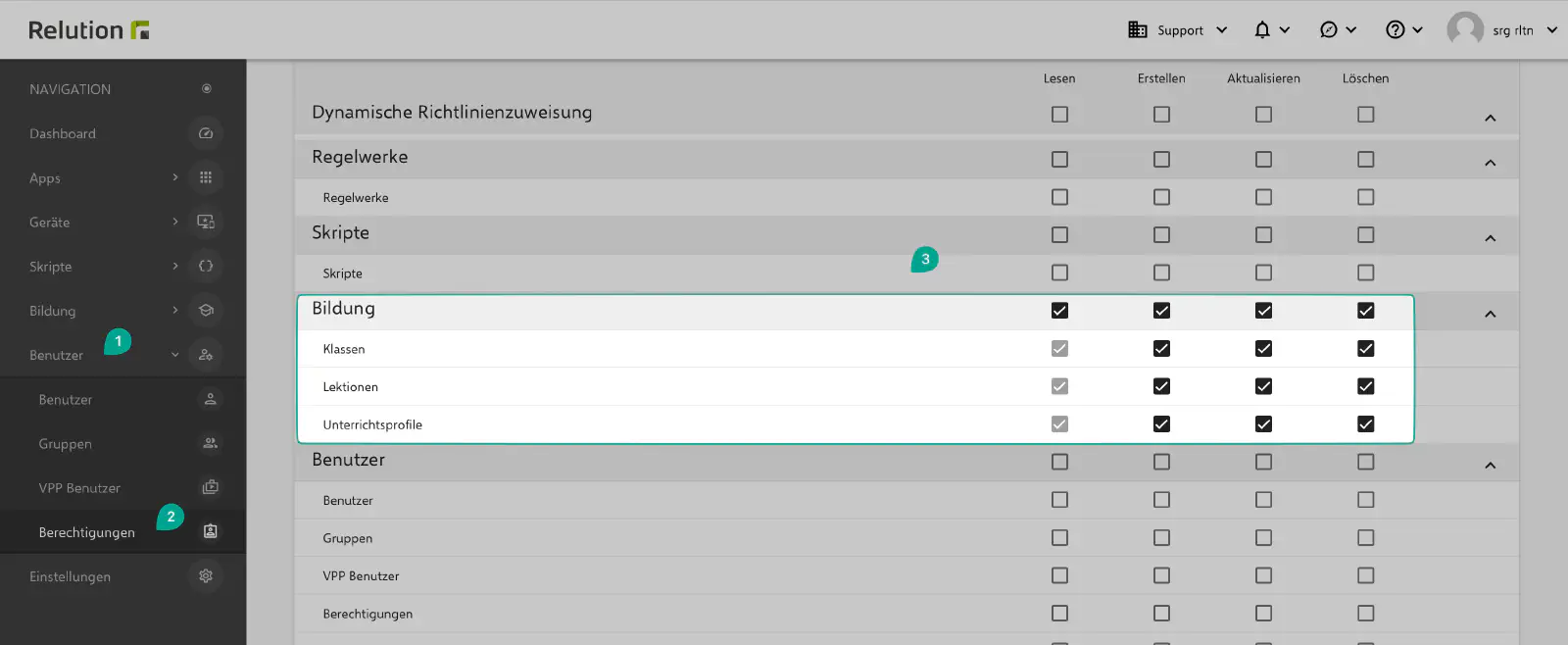 Vue admin de tous les cours en cours dans l’application Relution Teacher