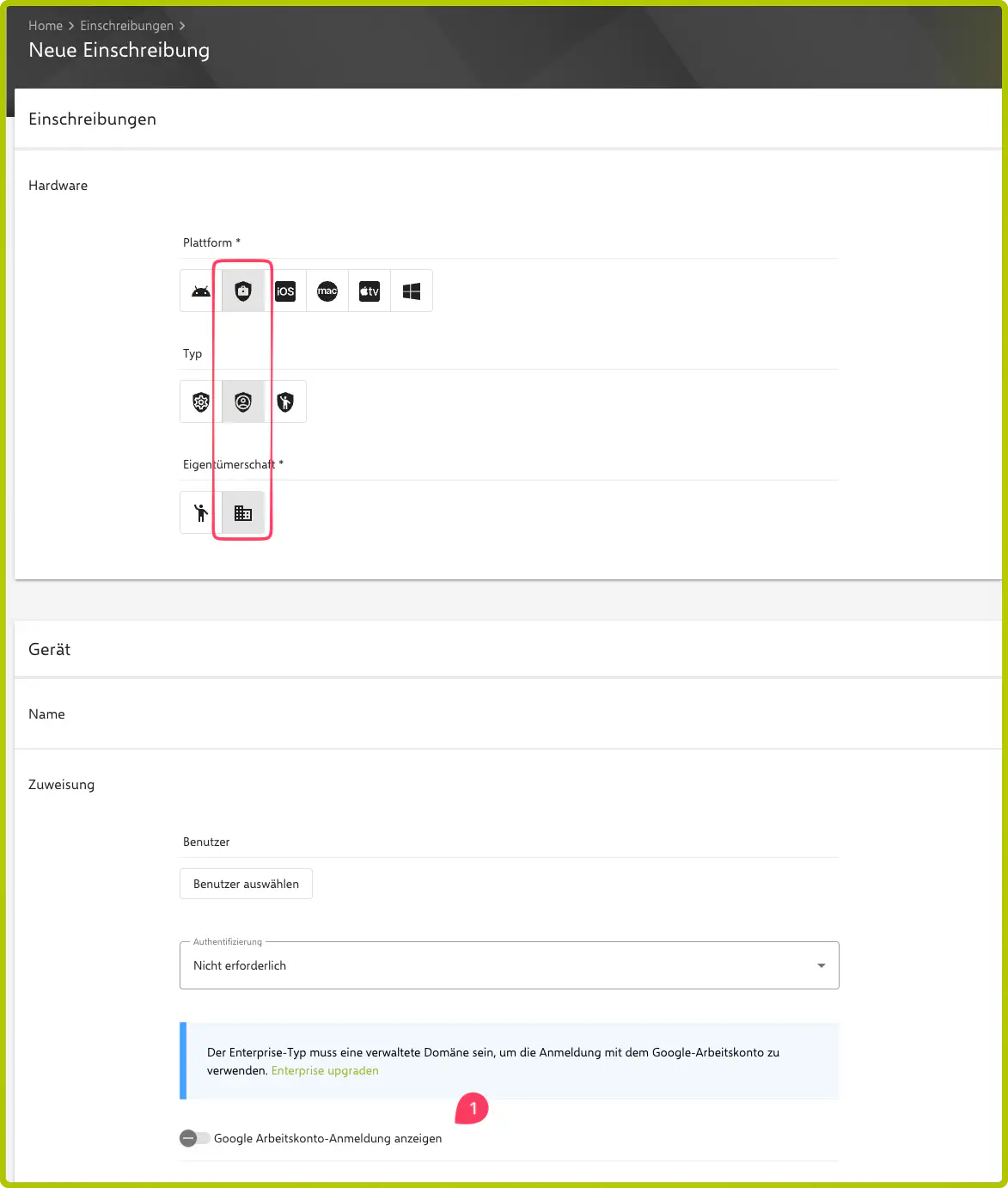 Google Work-Account-Einrichtung Option in der Relution Einschreibung