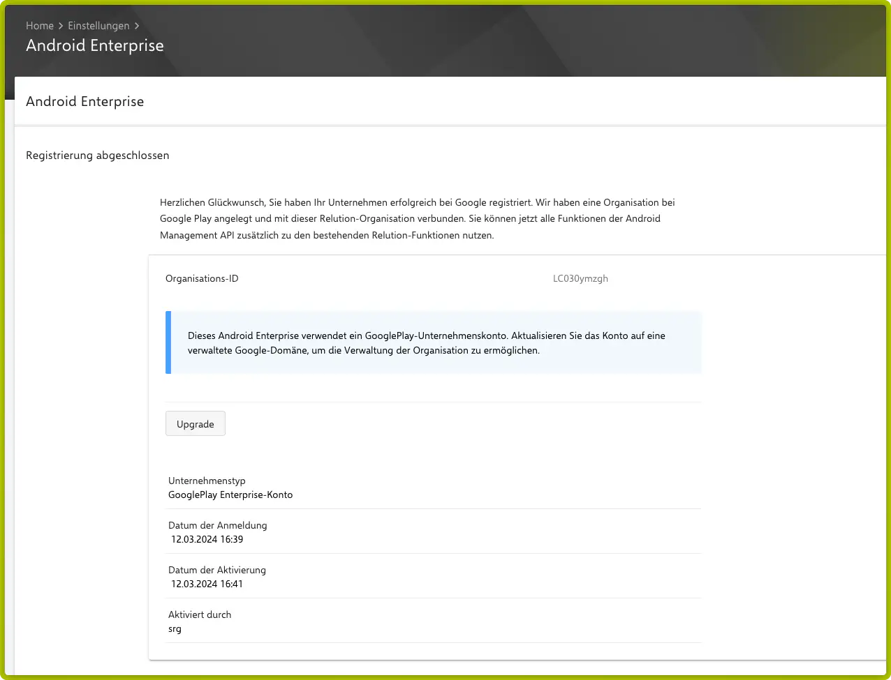 Enterprise upgraden Dialog in der Relution Einschreibung