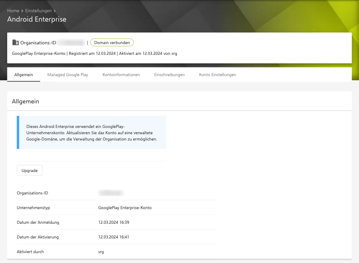 Enterprise upgraden Dialog in der Relution Einschreibung