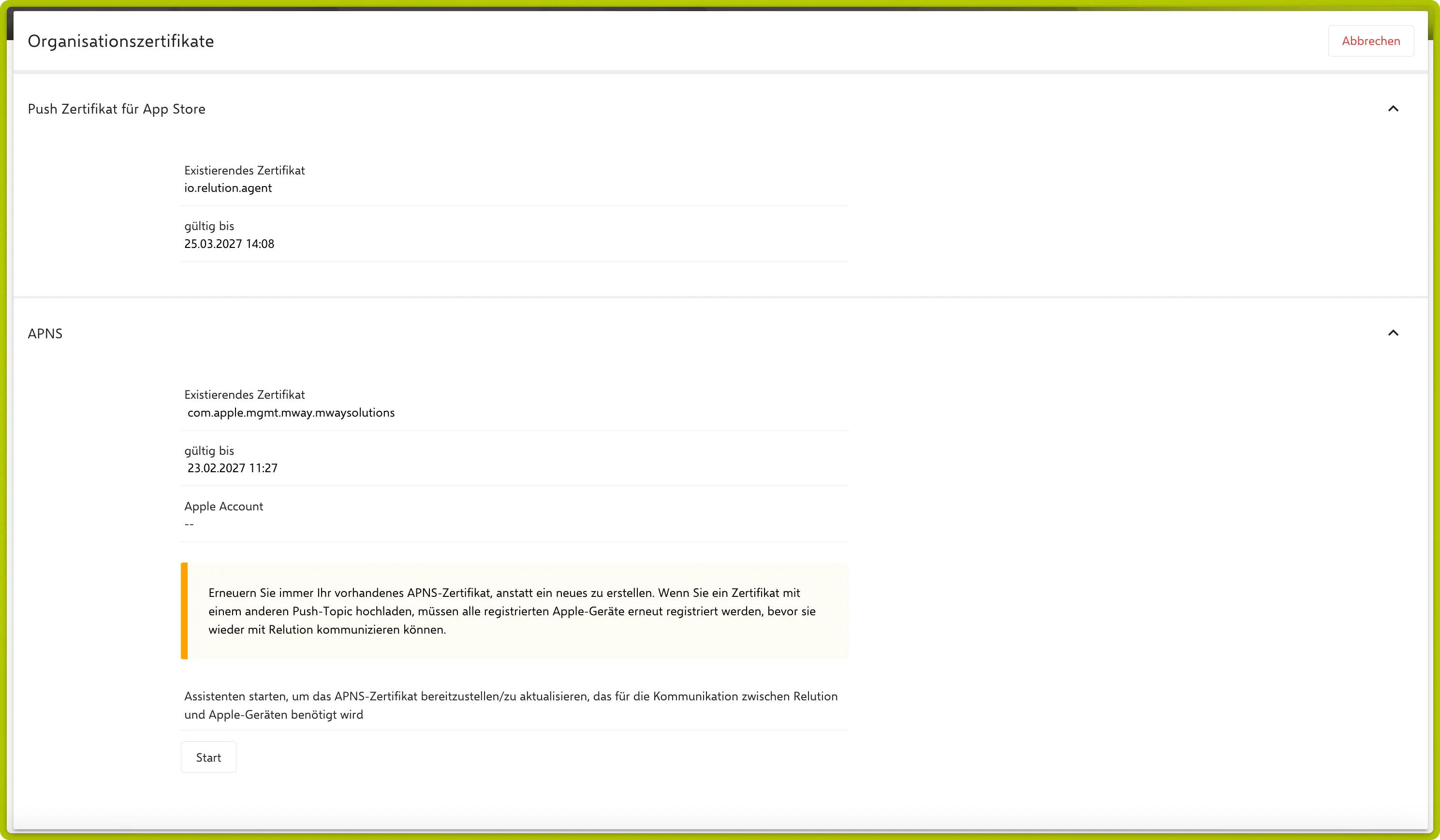 Organization Certificates page showing APNS push topic, expiration date and Start button
