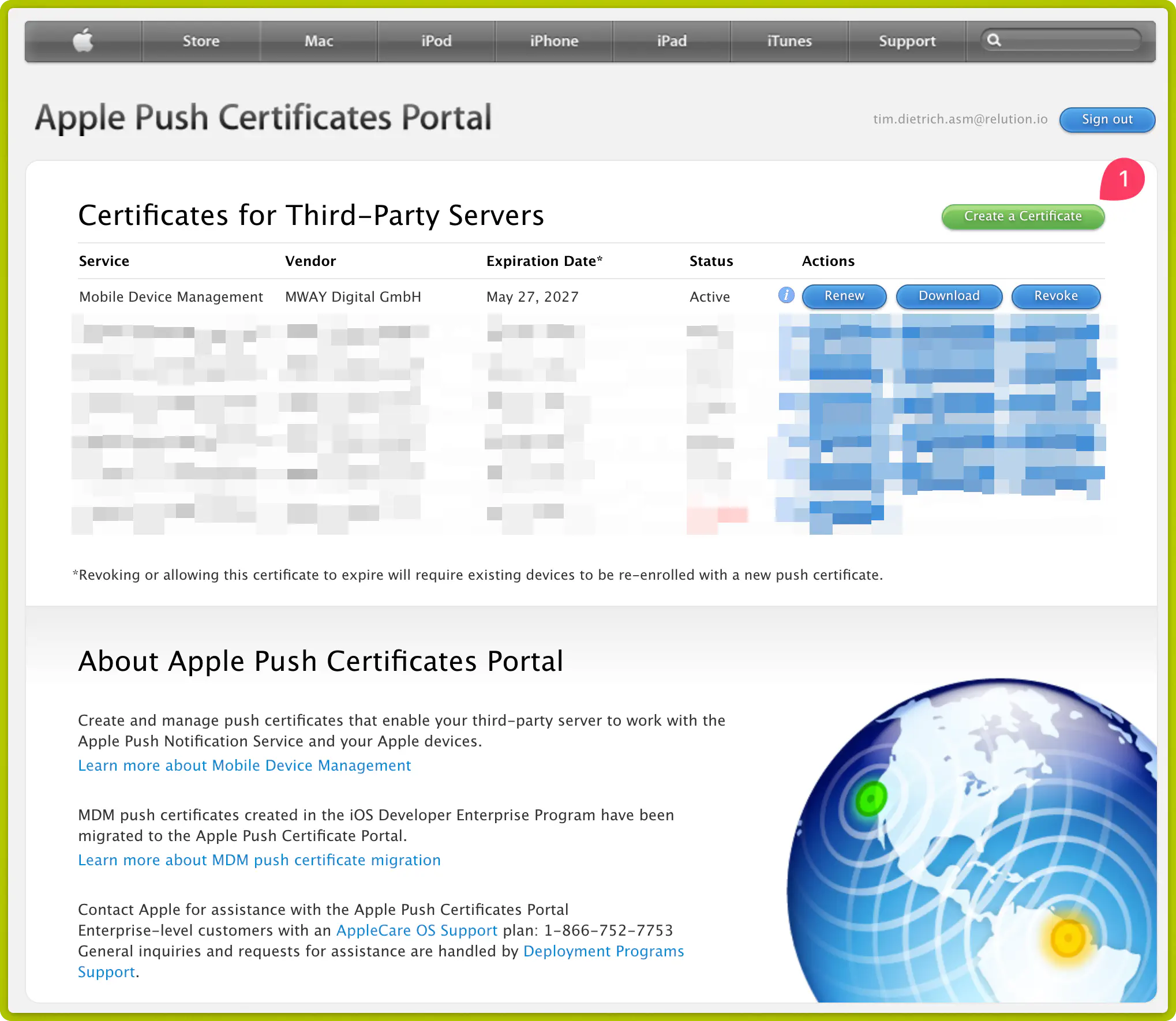 APNS wizard Step 2 — Upload certificate with active push topic displayed