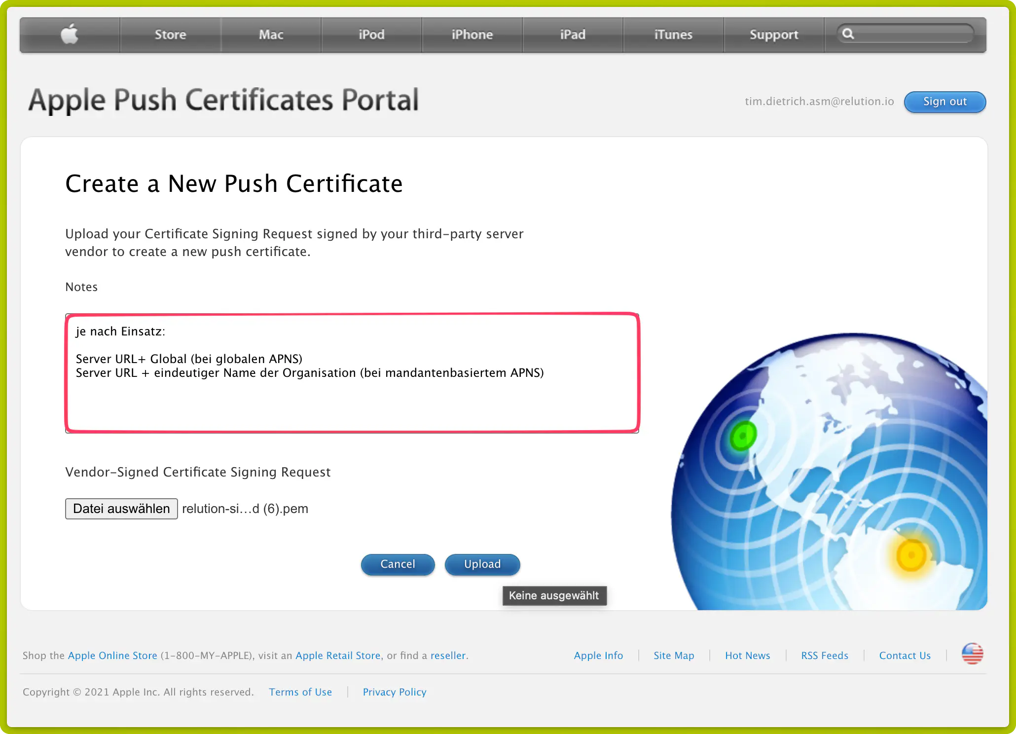 APNS wizard Step 2 — Upload certificate with active push topic displayed