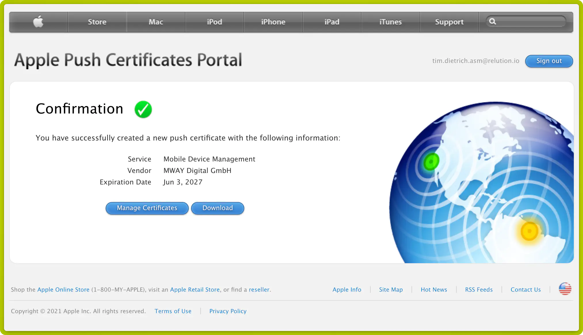 APNS wizard Step 2 — Upload certificate with active push topic displayed