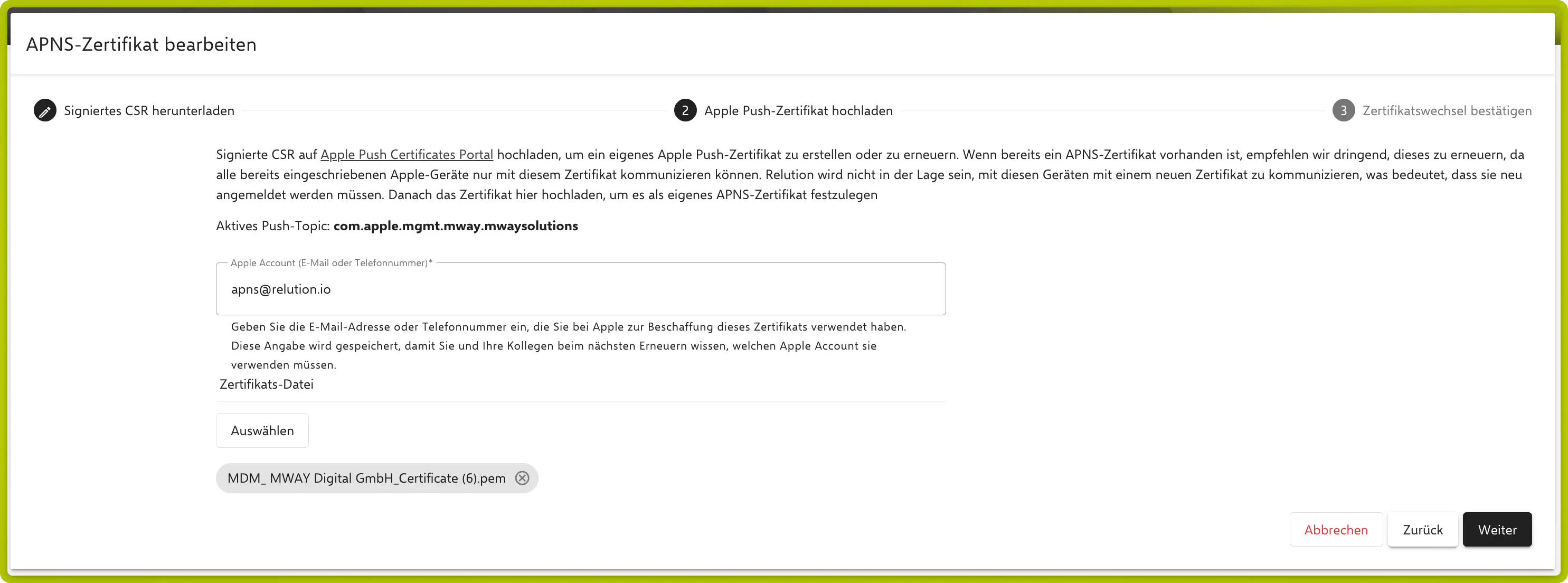 APNS wizard Step 2 — Upload certificate with active push topic displayed