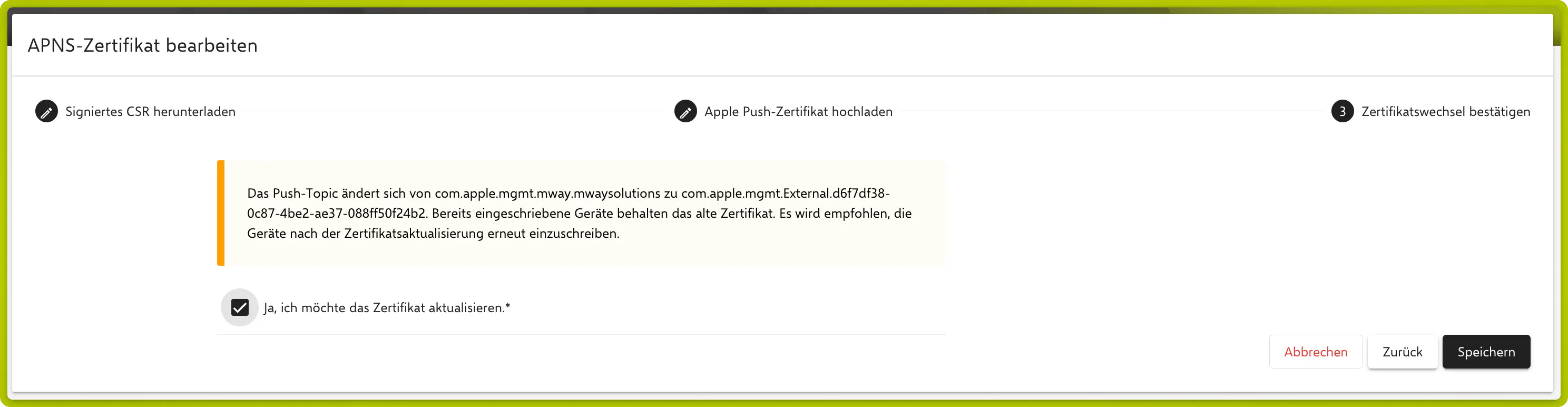 APNS wizard Step 2 — Upload certificate with active push topic displayed