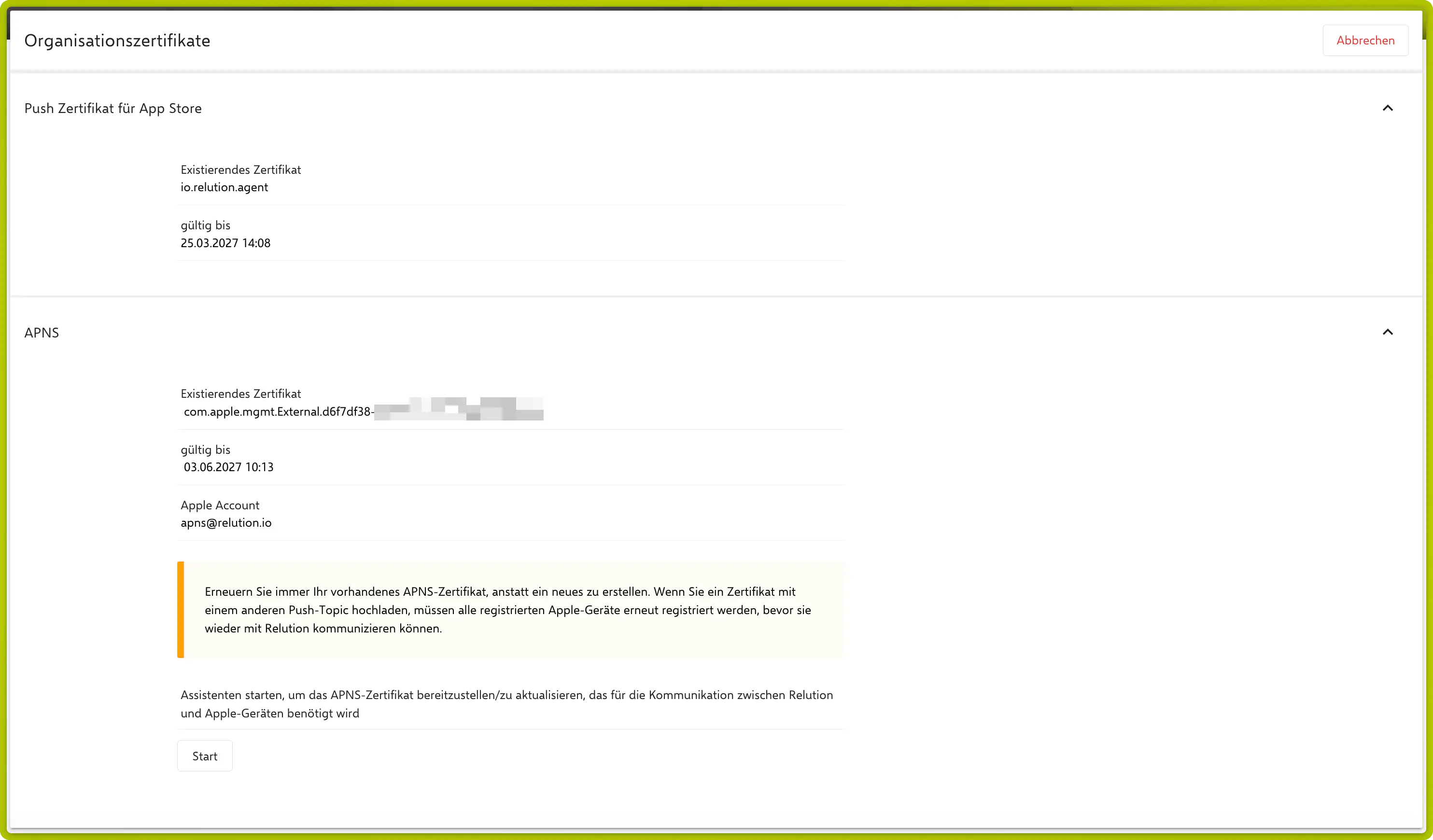 APNS wizard Step 2 — Upload certificate with active push topic displayed