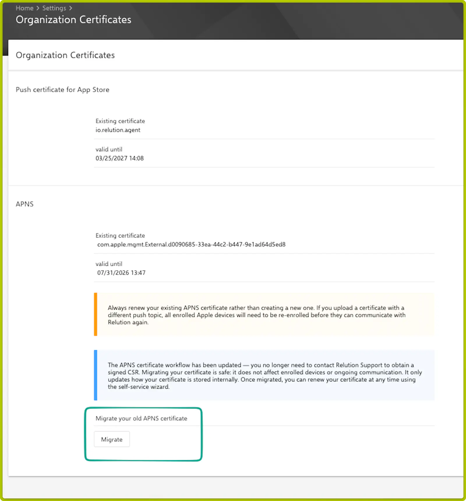 APNS certificate migration button in Relution Organization Certificates settings