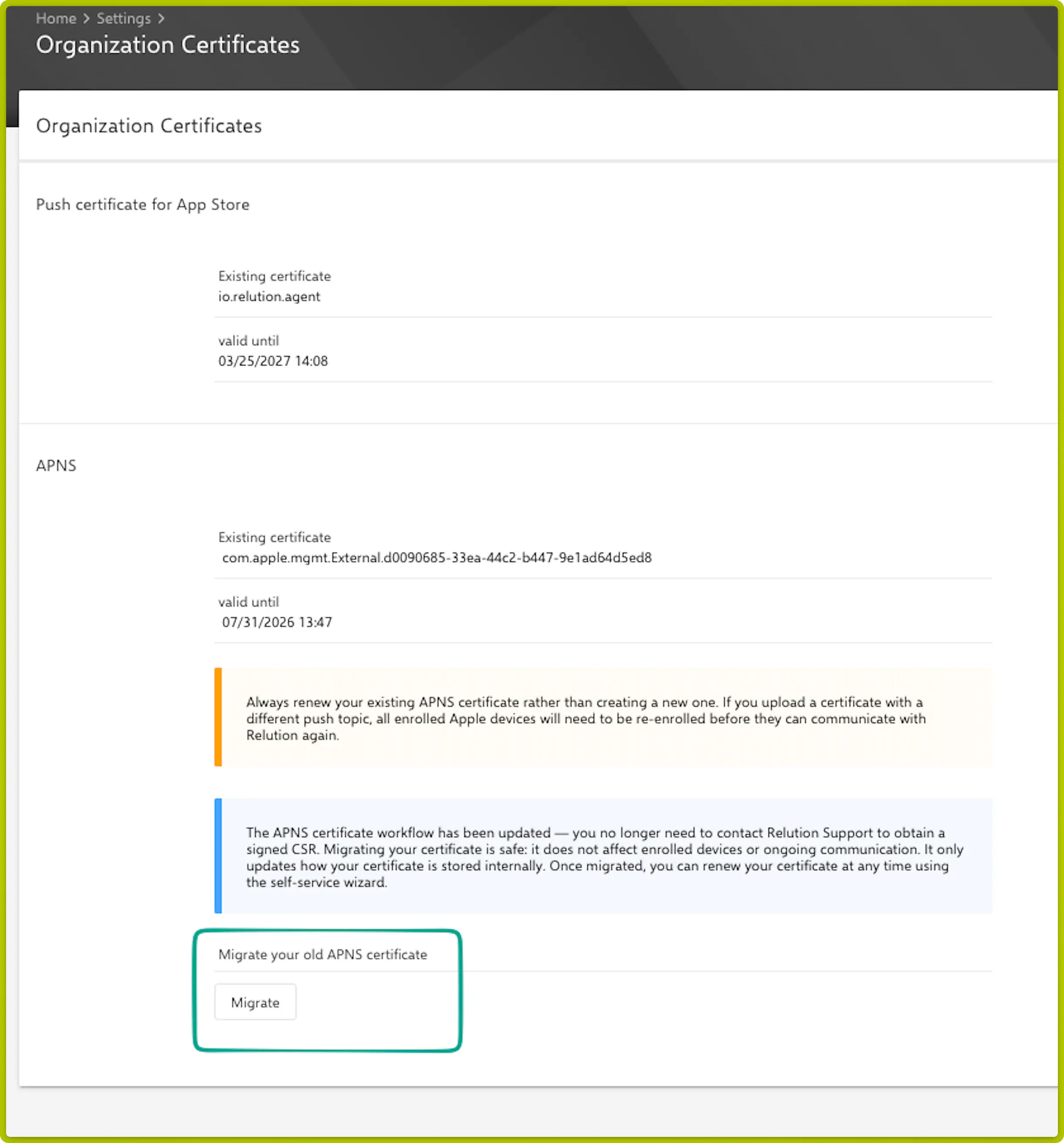 APNS certificate migration button in Relution Organization Certificates settings