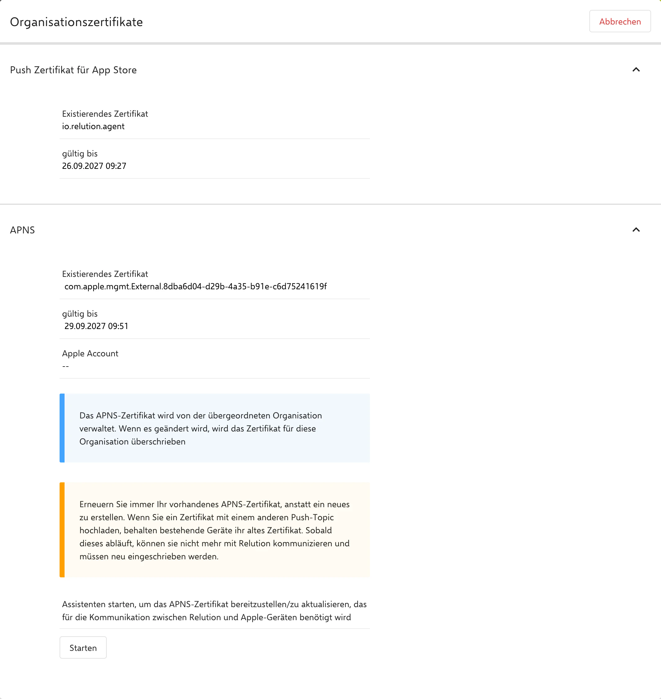 Organization Certificates page showing APNS push topic, expiration date and Start button