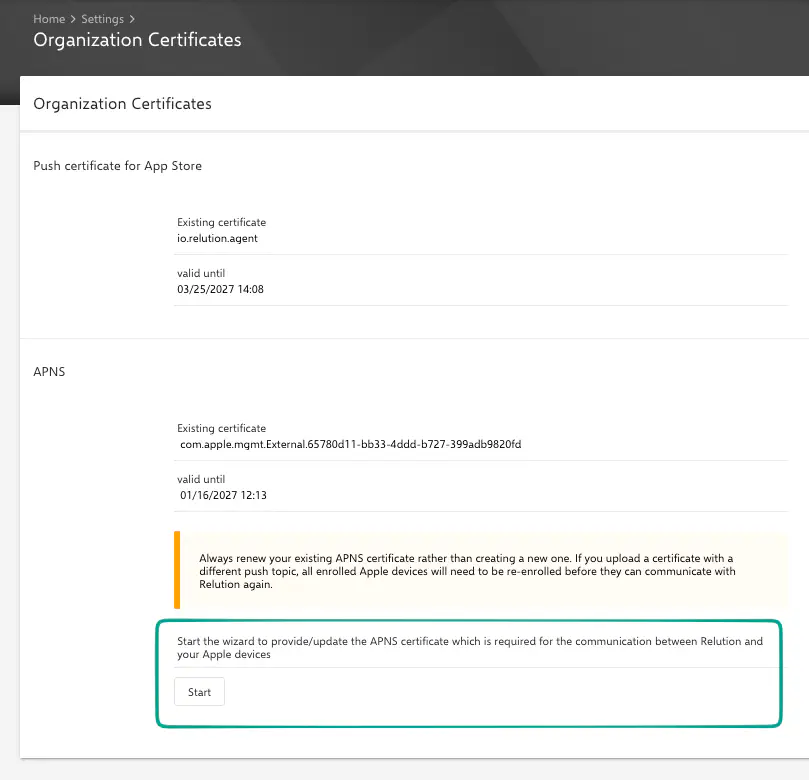 Organization Certificates page showing APNS push topic, expiration date and Start button