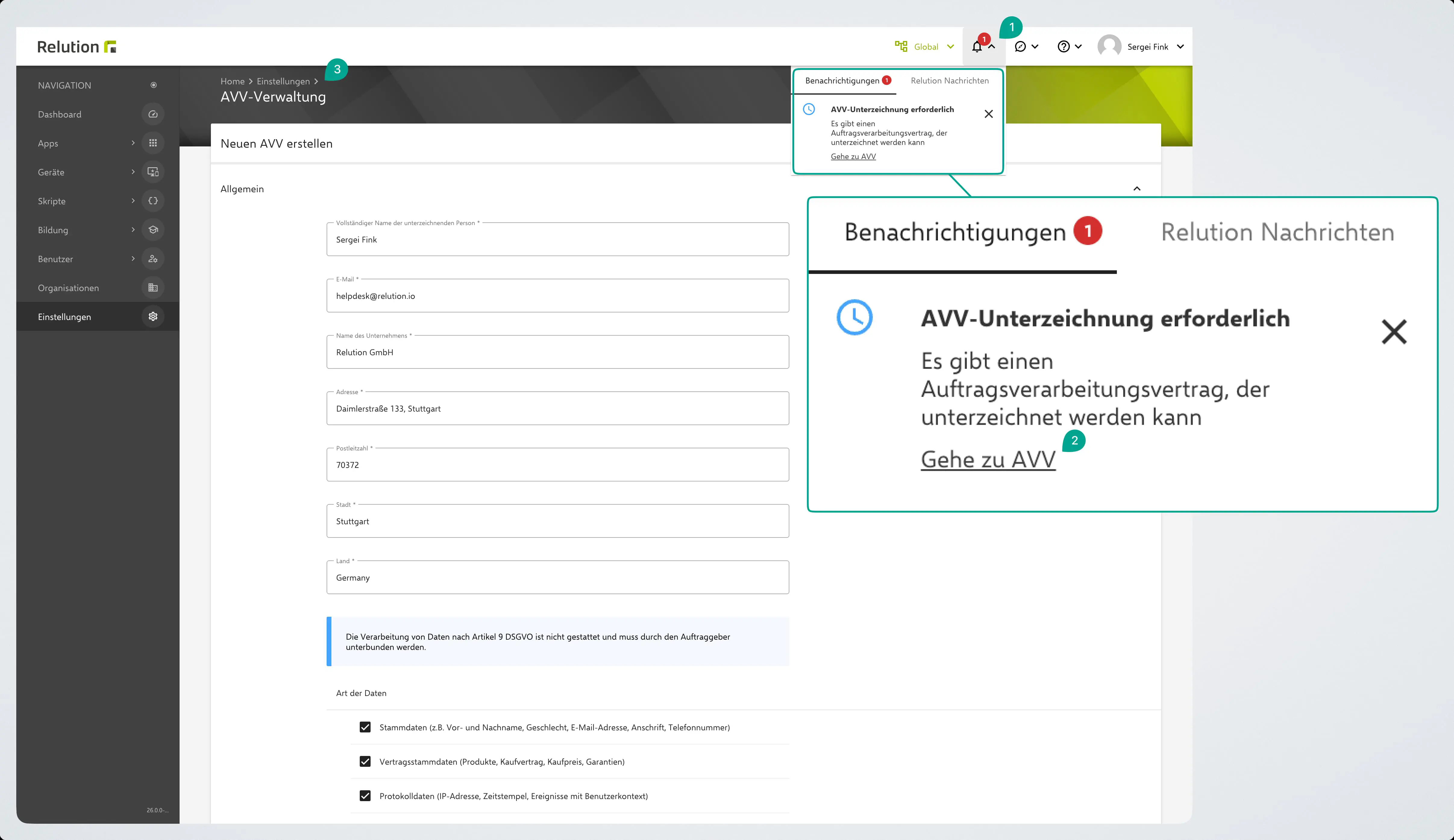 Notification AVV et menu des paramètres dans Relution