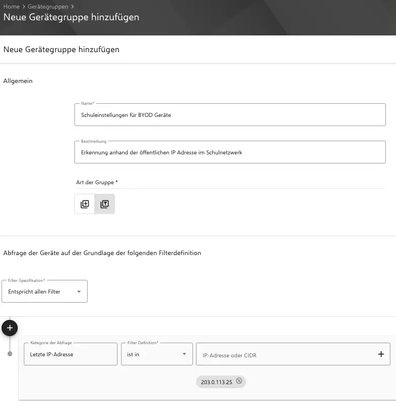 Dynamic device group with IP address filter