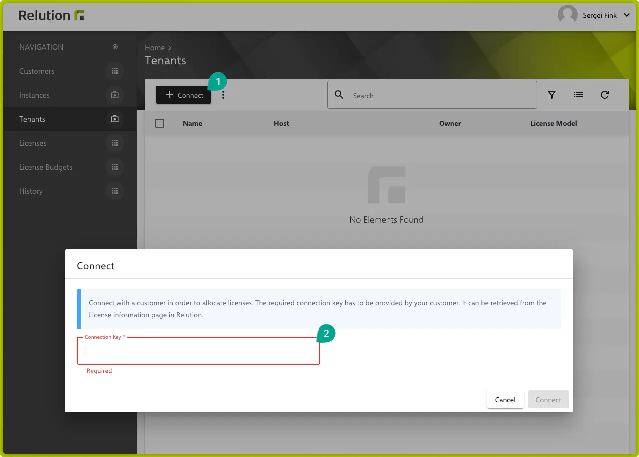 Saisir la clé de connexion dans la boîte de dialogue Connect sur le serveur de licences Relution
