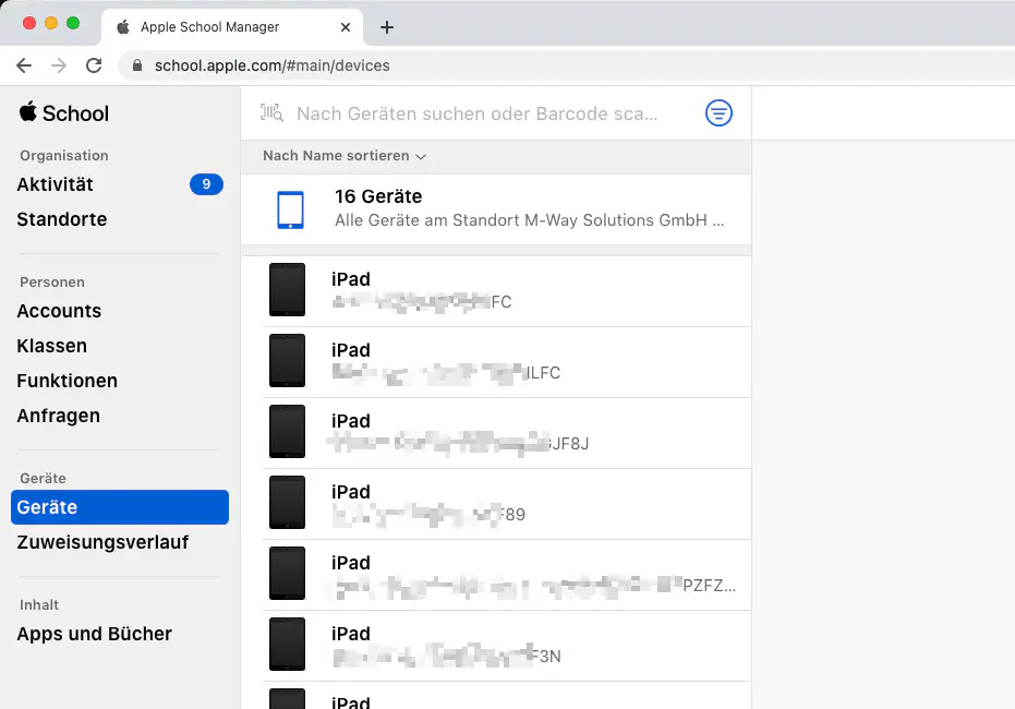 Geräteübersicht im Apple School Manager öffnen