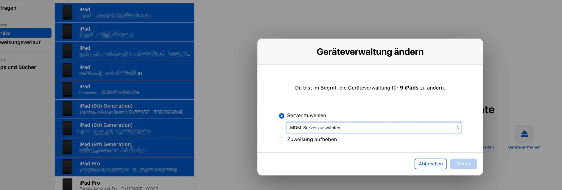 Geräte im Apple School Manager dem MDM Server zuweisen