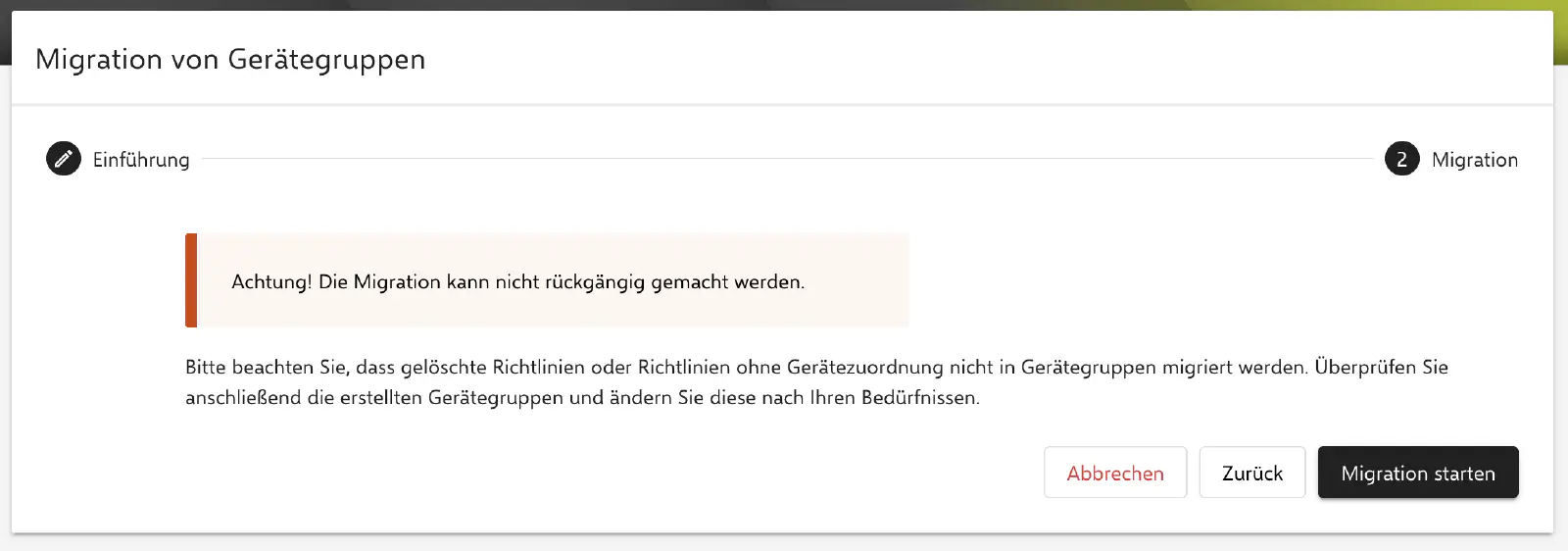 Gerätegruppen Migration in Relution abschließen und bestätigen