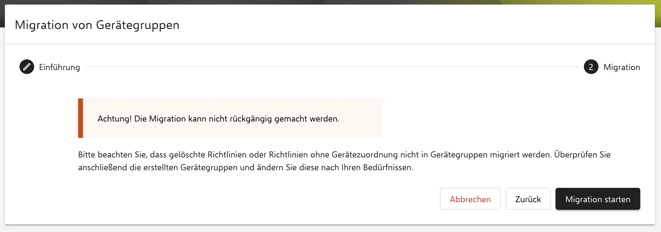 Gerätegruppen Migration in Relution abschließen und bestätigen