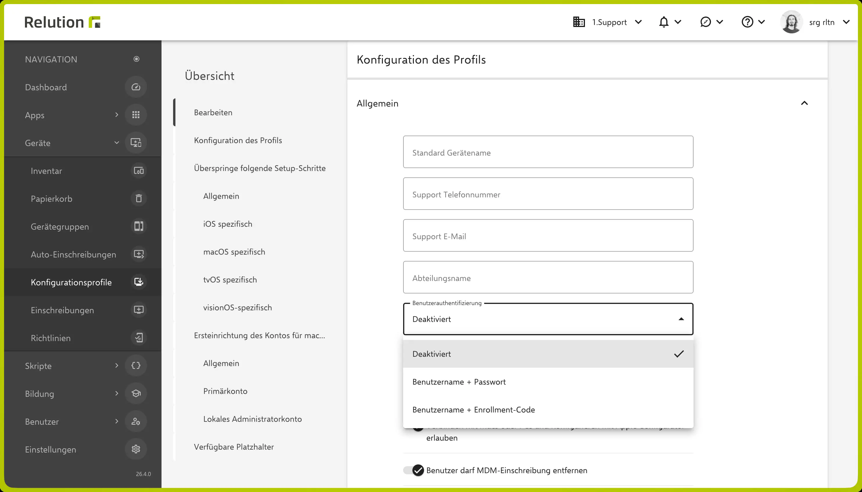 Auswahl der Benutzerauthentifizierung im DEP-Profil mit der neuen Option „Benutzername + Enrollment-Code“