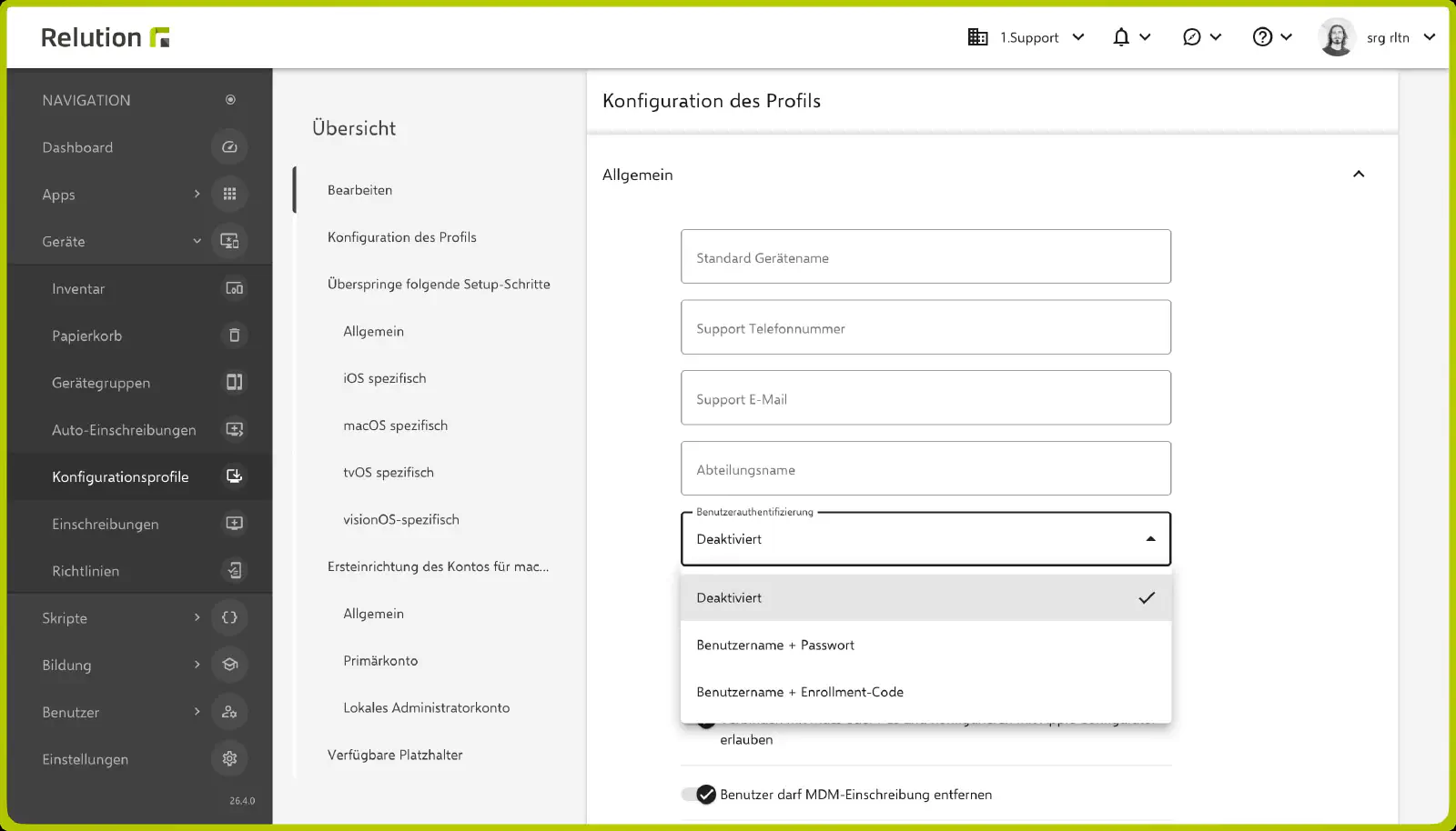 Auswahl der Benutzerauthentifizierung im DEP-Profil mit der neuen Option „Benutzername + Enrollment-Code“