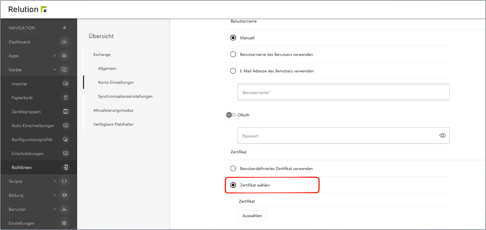 Exchange configuration with the Select certificate option in the Certificate section