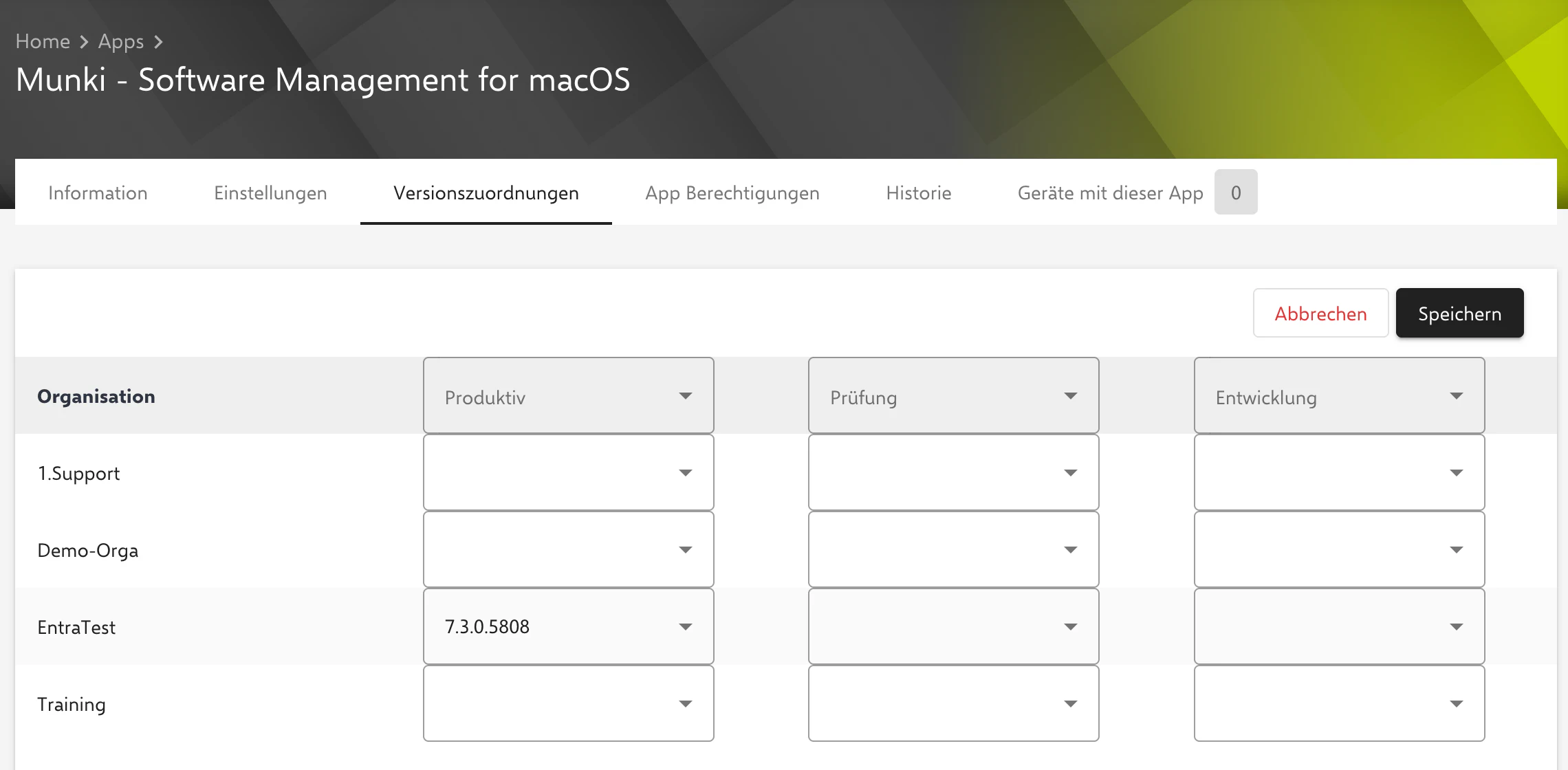 App-Versionszuweisung in der Relution Global-Organisation verwalten