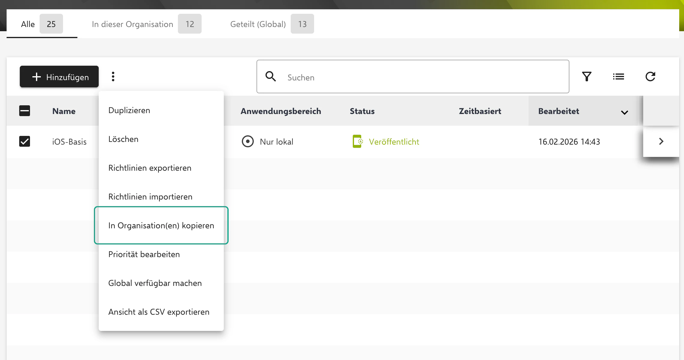 Richtlinie in Relution Global-Organisation veröffentlichen oder in Organisation kopieren