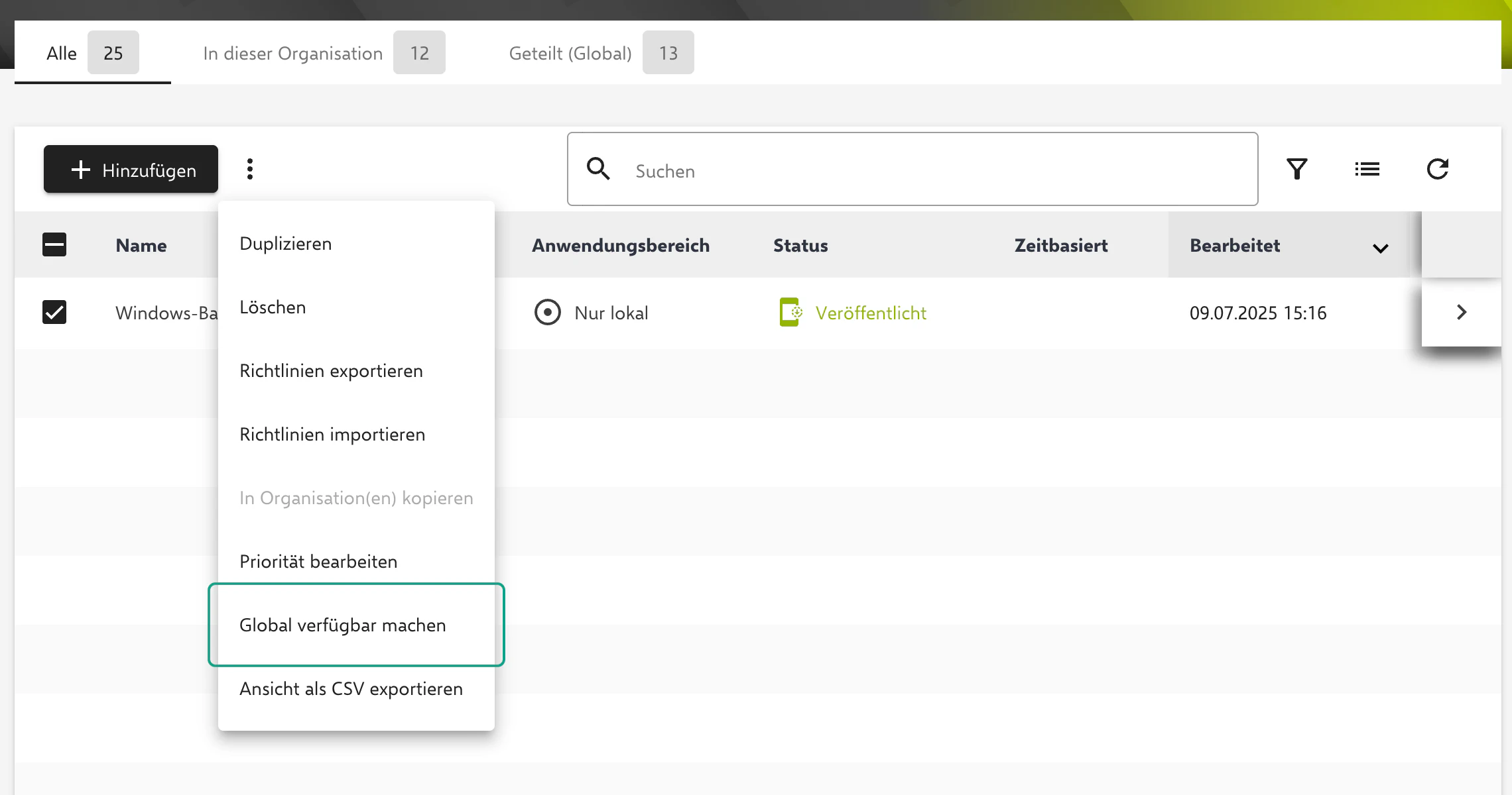 Kontextmenü einer Richtlinie in der Relution Global-Organisation mit der Funktion zum globalen Veröffentlichen