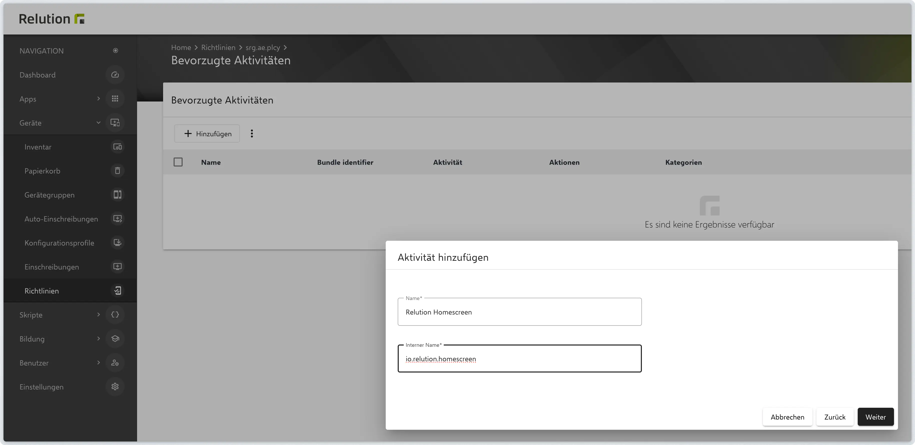 Relution Homescreen Package Name und App-Name eintragen