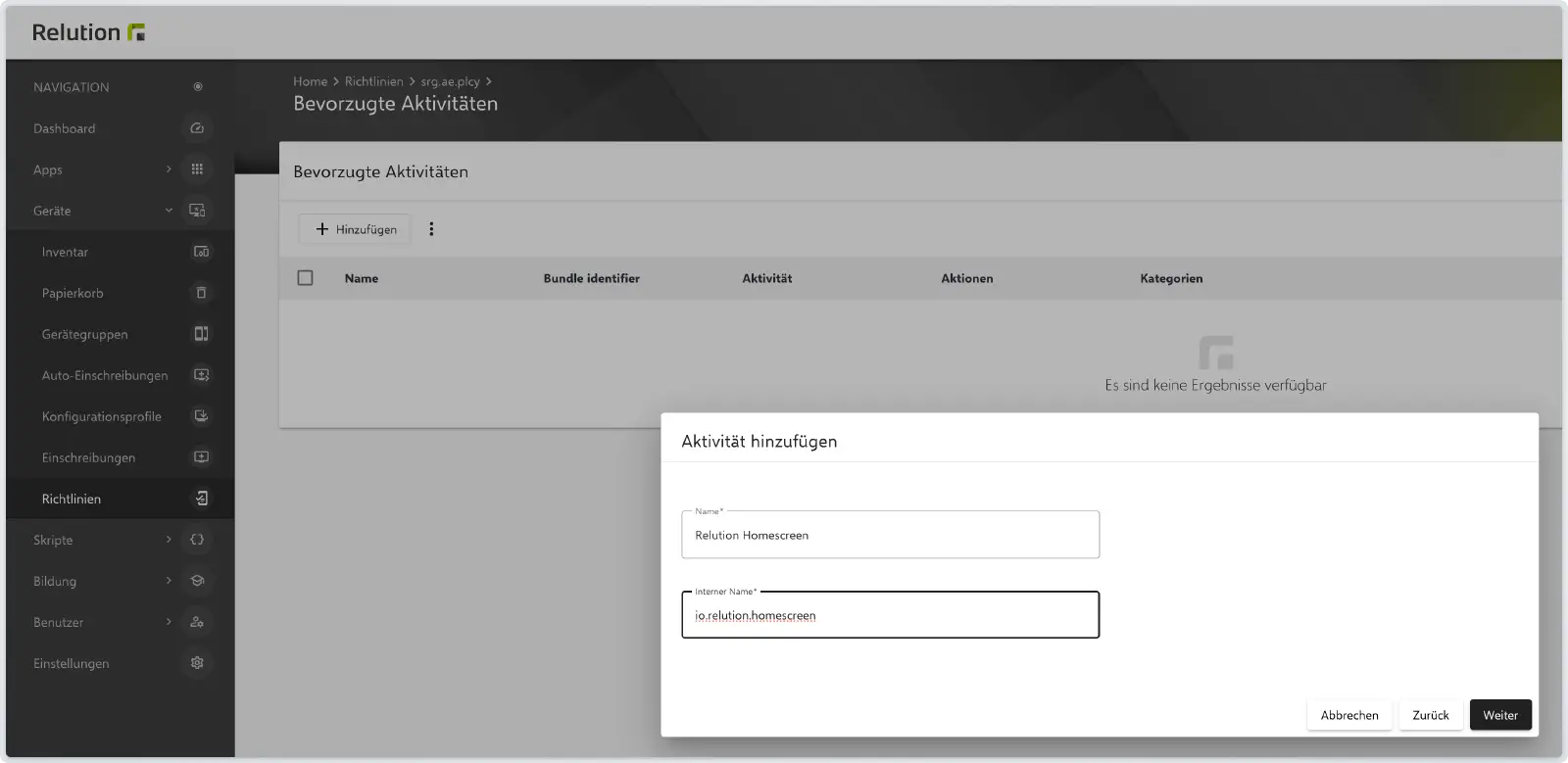 Relution Homescreen Package Name und App-Name eintragen