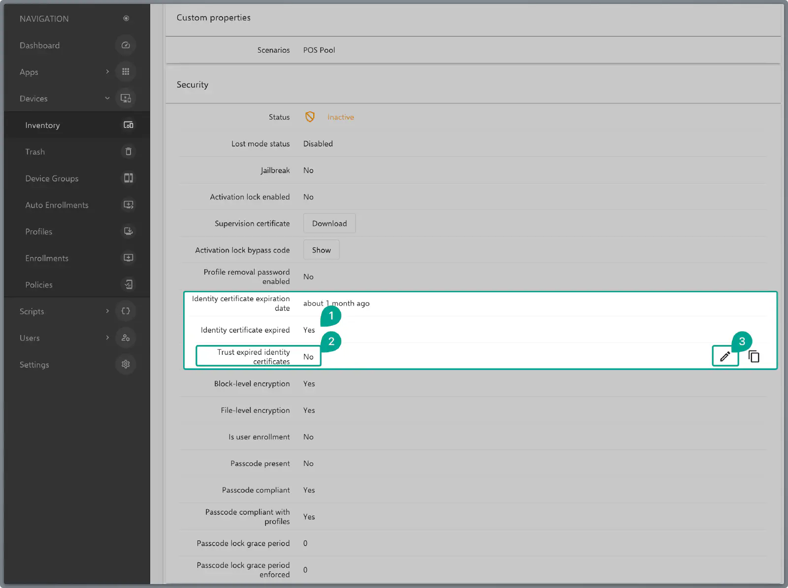 Informations sur le certificat d’identité expiré dans les détails de l’appareil Relution