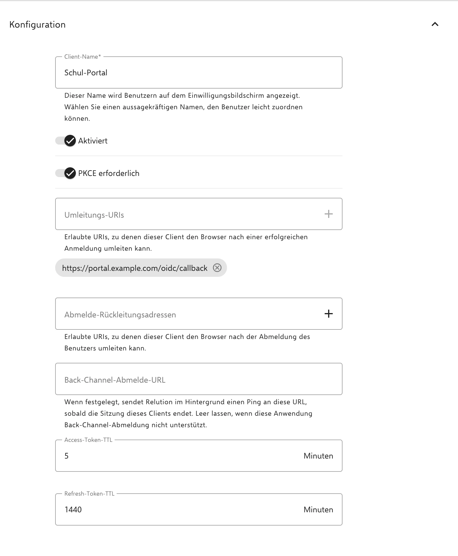 Formular Client registrieren mit Client-Name, Umleitungs-URIs und Token-TTL