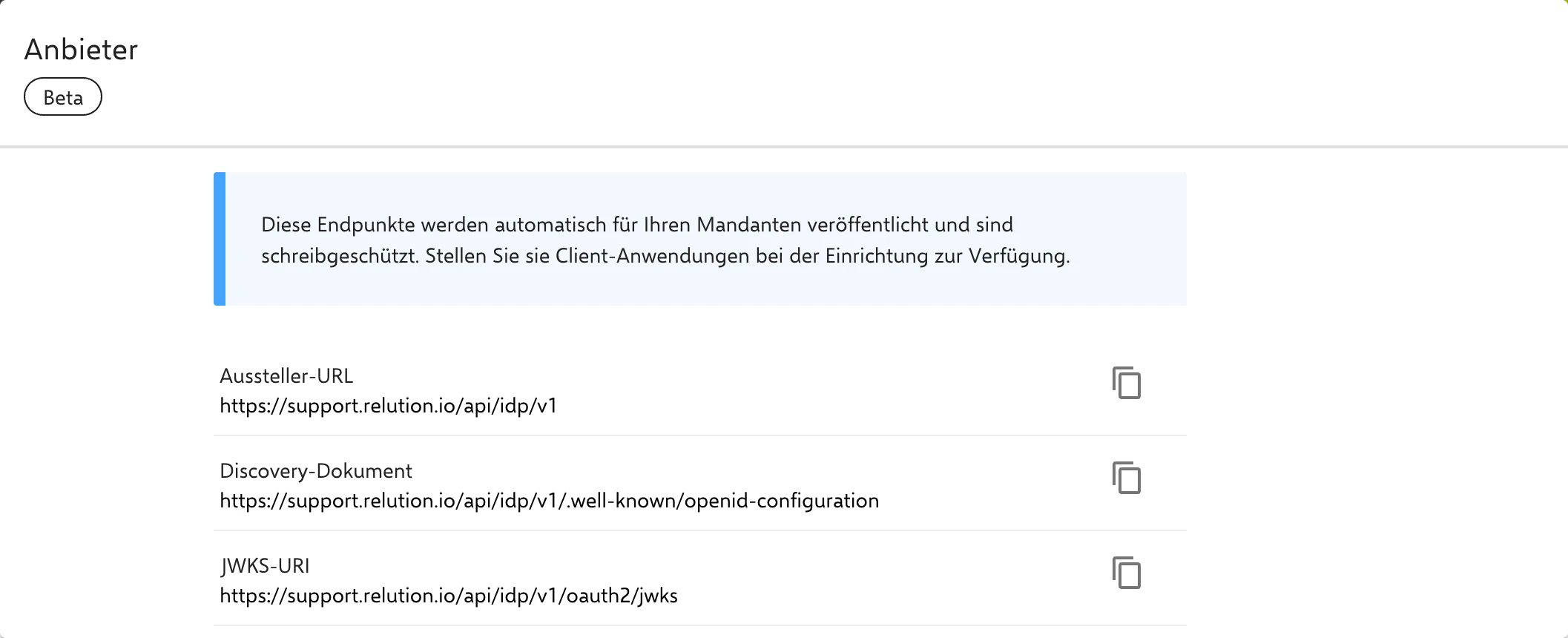 Bereich Anbieter mit Aussteller-URL, Discovery-Dokument und JWKS-URI