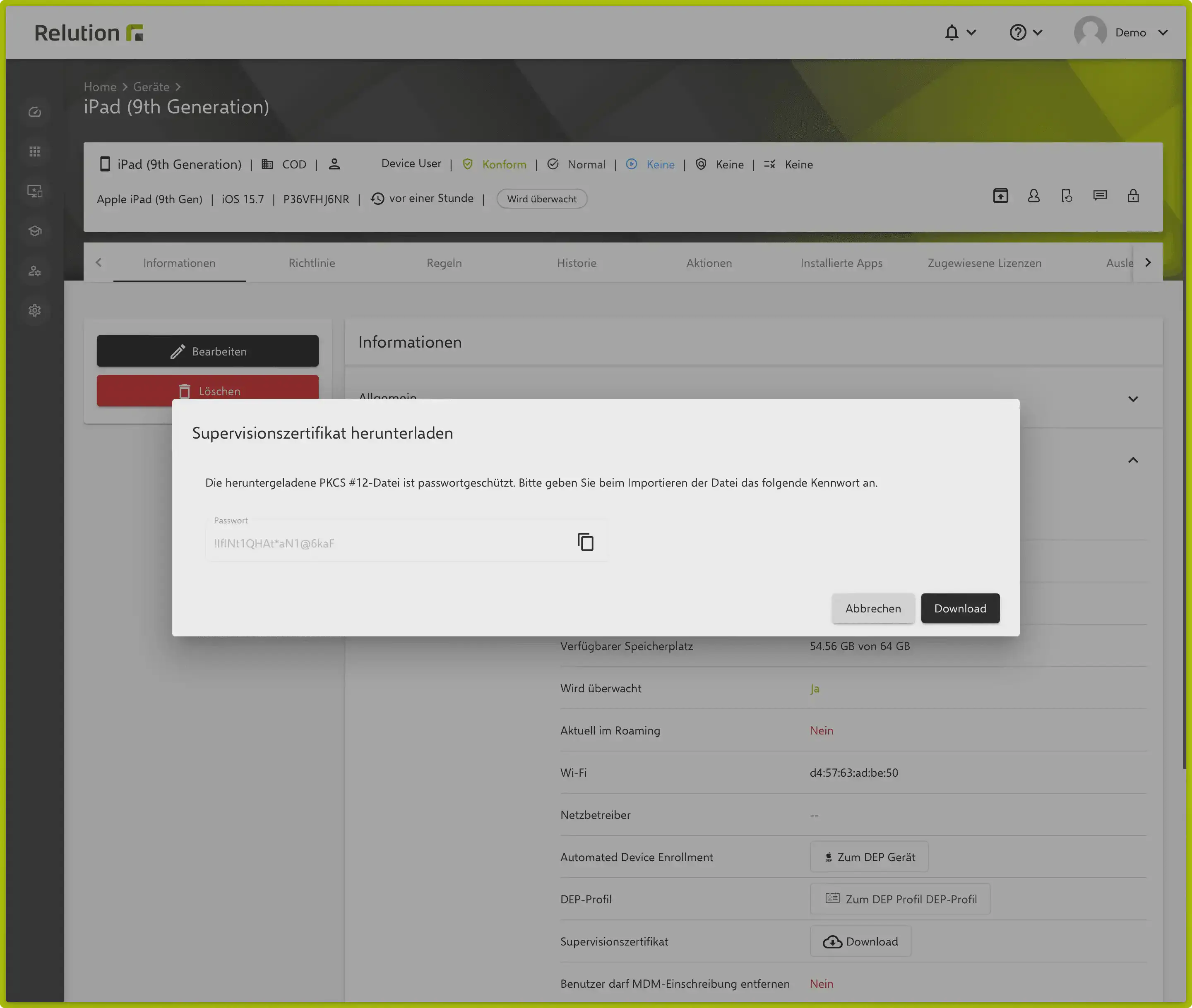 Supervisionszertifikat in Relution Gerätedetails herunterladen
