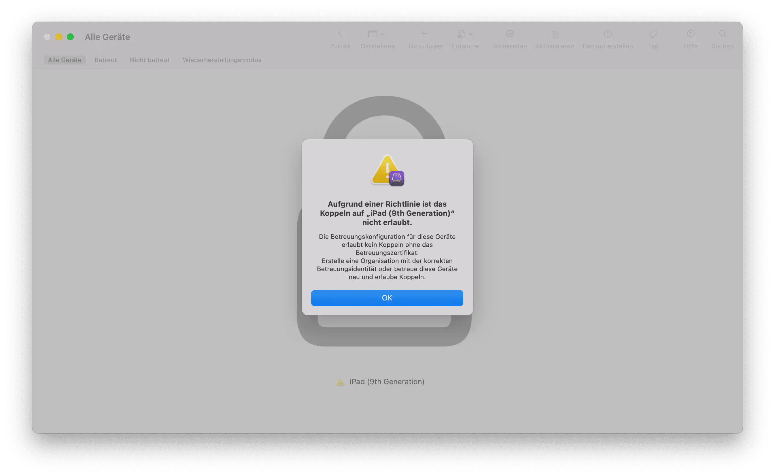 Risiko des Lock-in-Effekts bei gesperrtem Apple Configurator Zugriff