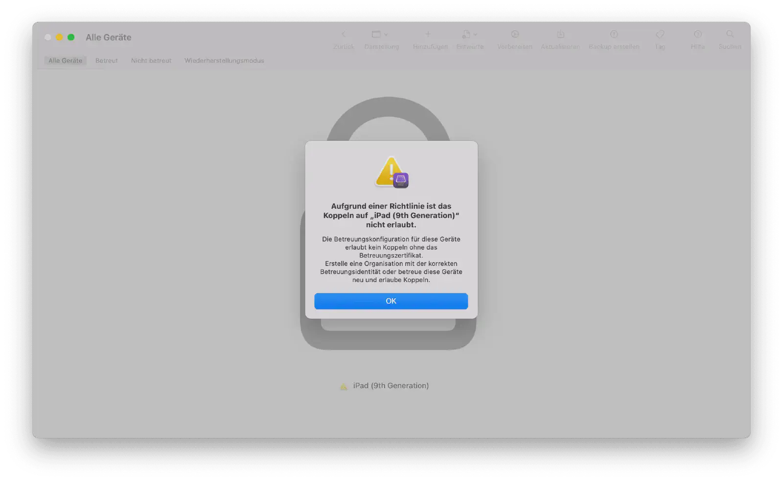 Risiko des Lock-in-Effekts bei gesperrtem Apple Configurator Zugriff
