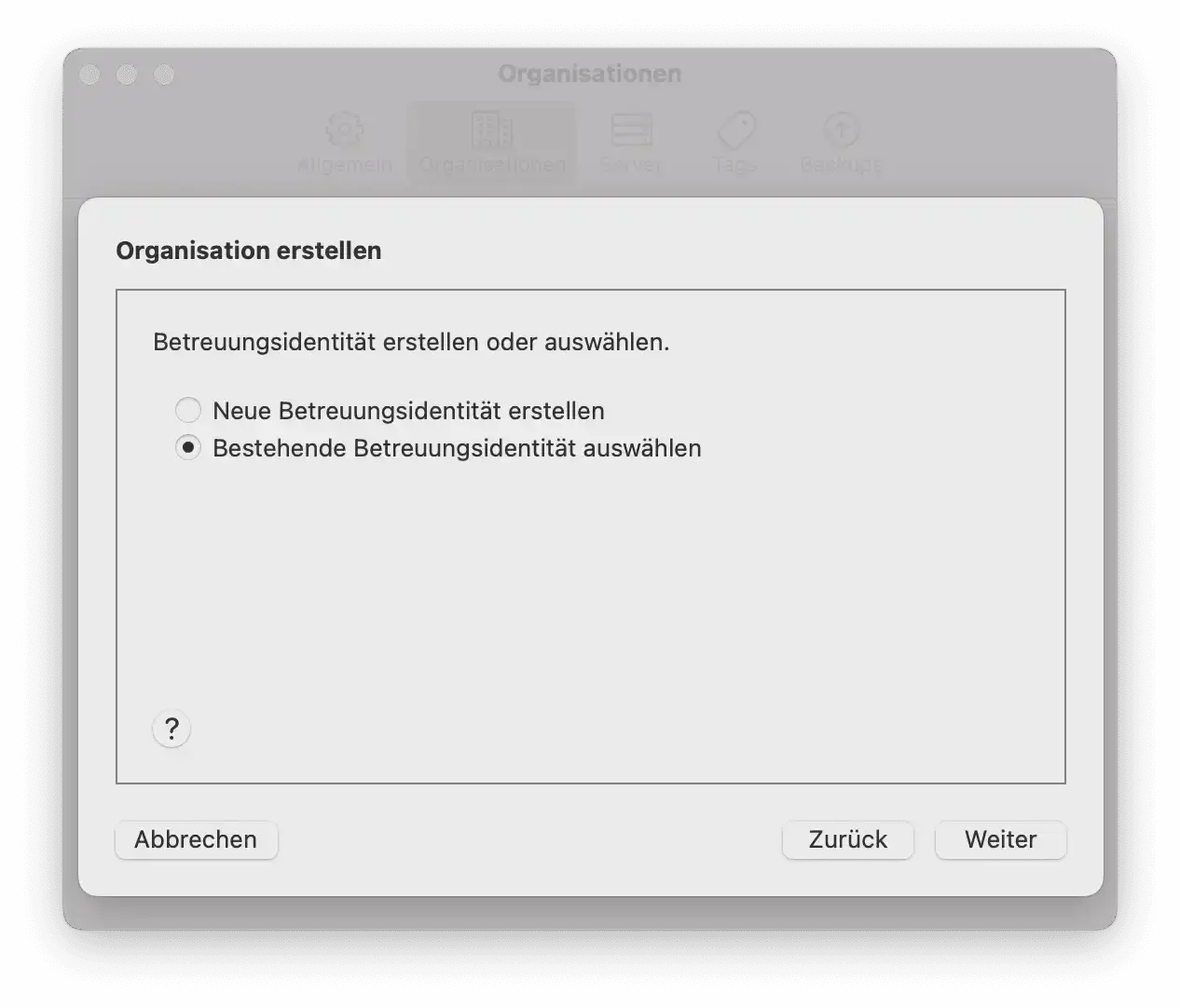Bestehende Betreuungsidentität in Apple Configurator auswählen