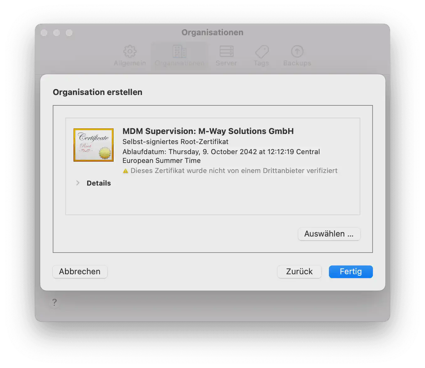 Organisation in Apple Configurator für Gerätezugriff erstellen