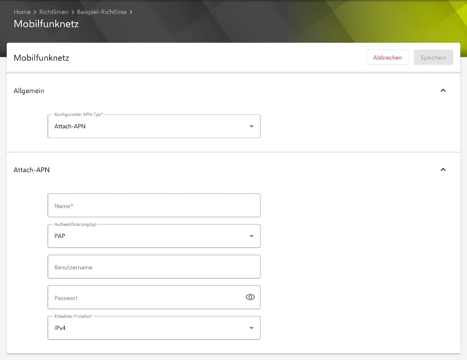 Formular Mobilfunknetz im Relution-Portal