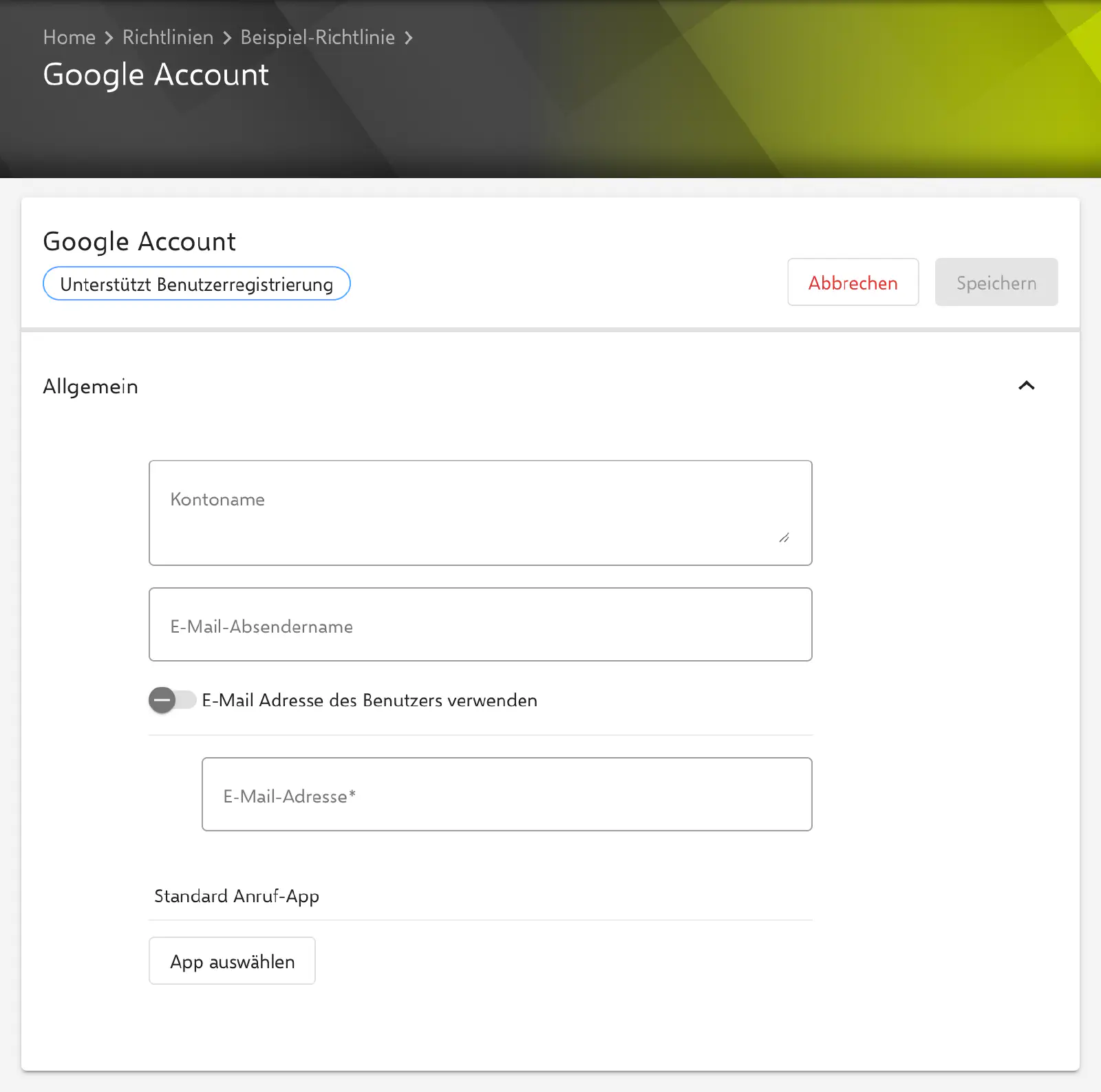Formular Google Account im Relution-Portal