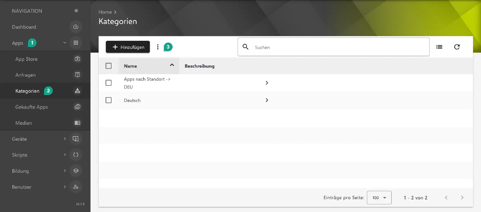 Kategorienverwaltung unter Apps → Kategorien