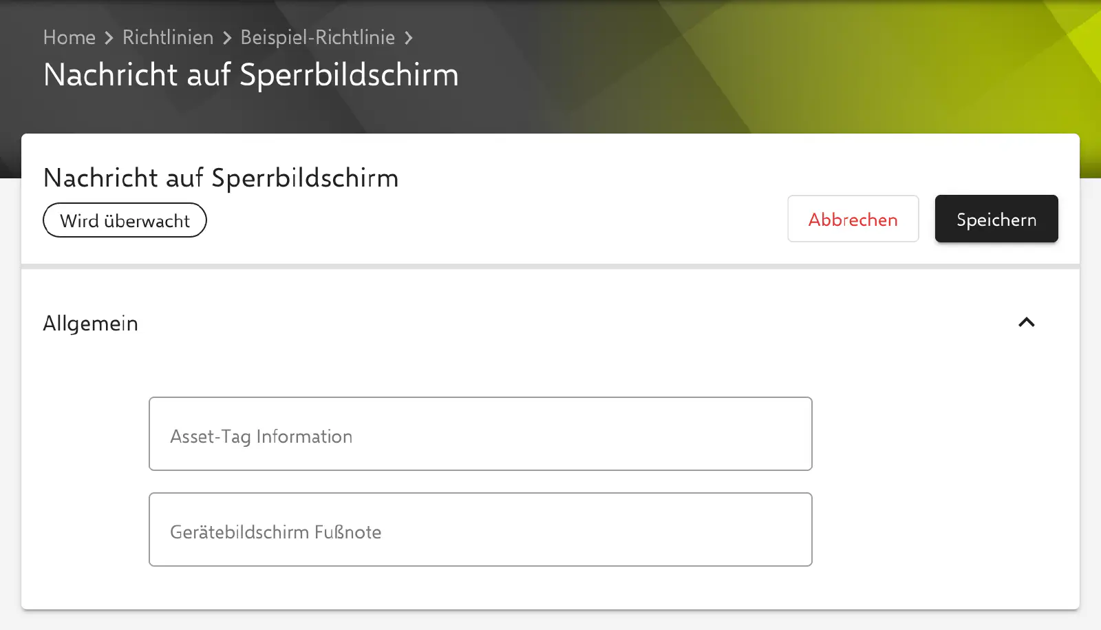 Formular Nachricht auf Sperrbildschirm im Relution-Portal