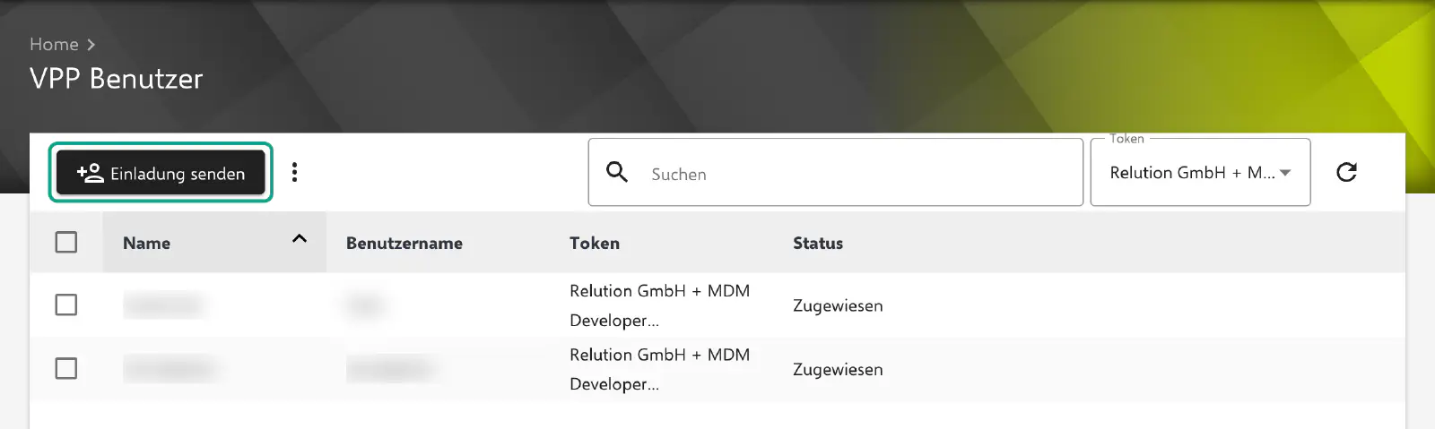 Einladungsschaltfläche im Bereich VPP Benutzer in Relution