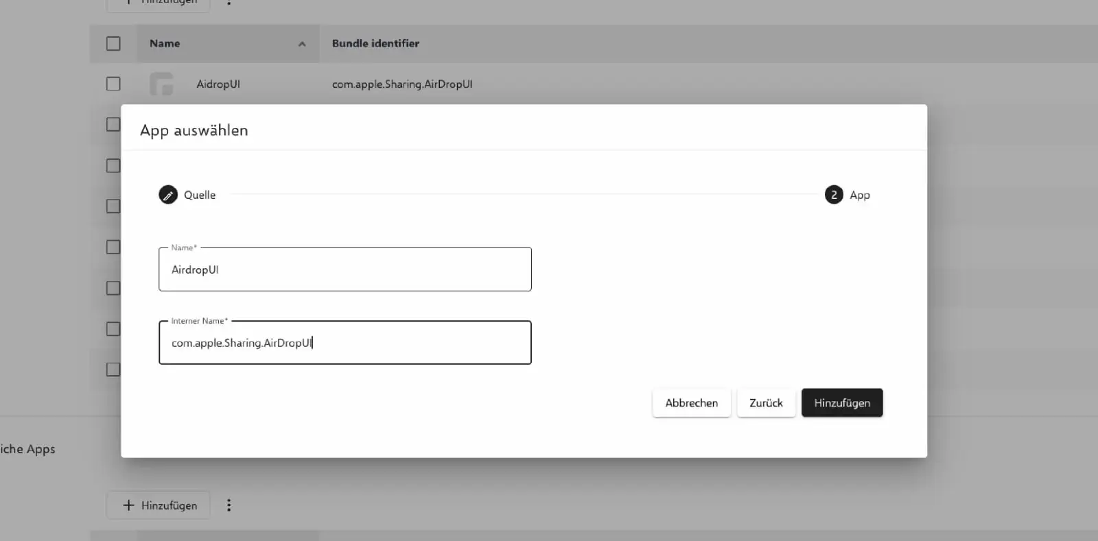 Relution app compliance configuration showing AirDrop bundle ID entry for iOS 18