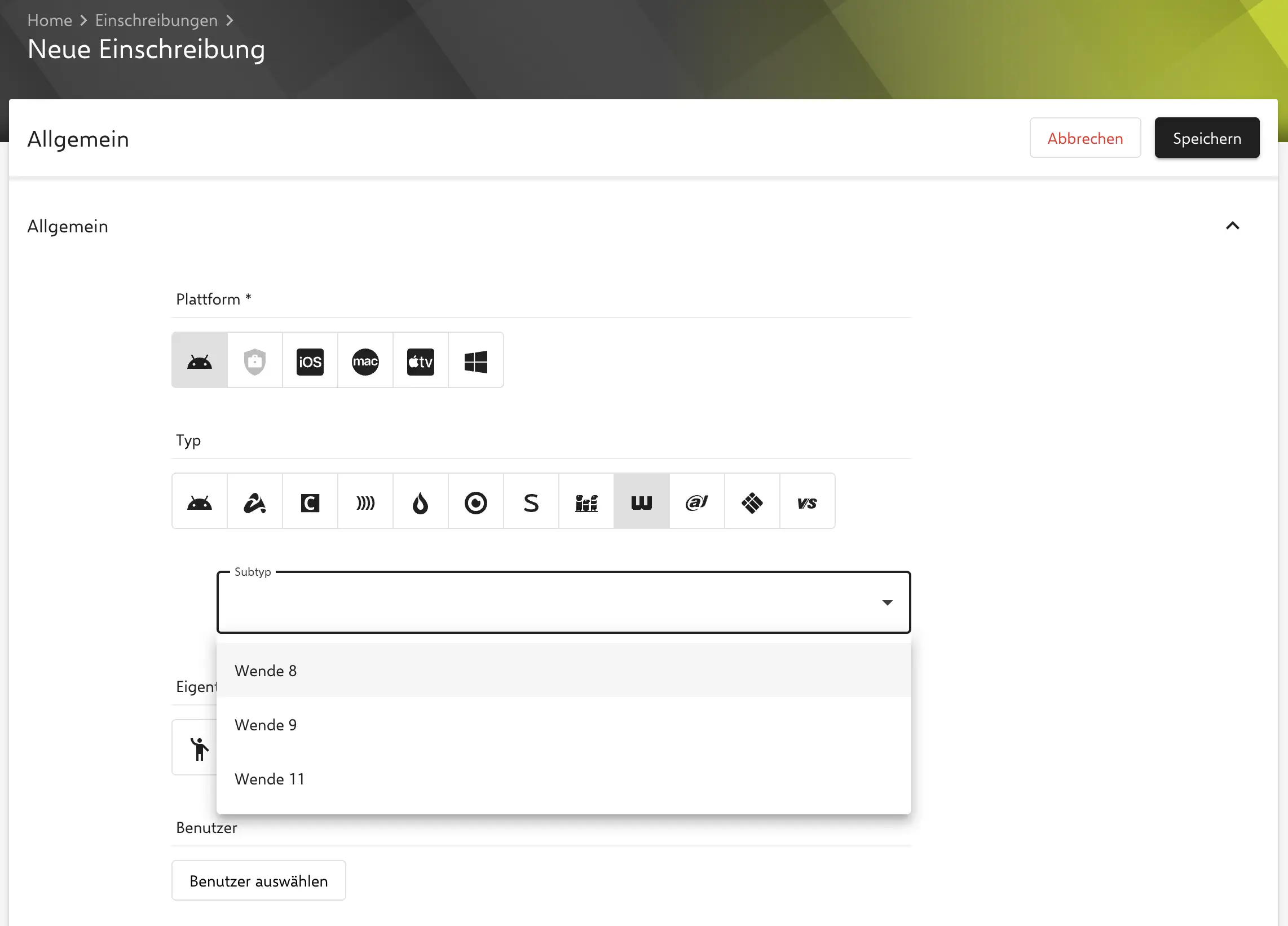 Einschreibungstyp Wende mit Android-Subtyp in Relution auswählen